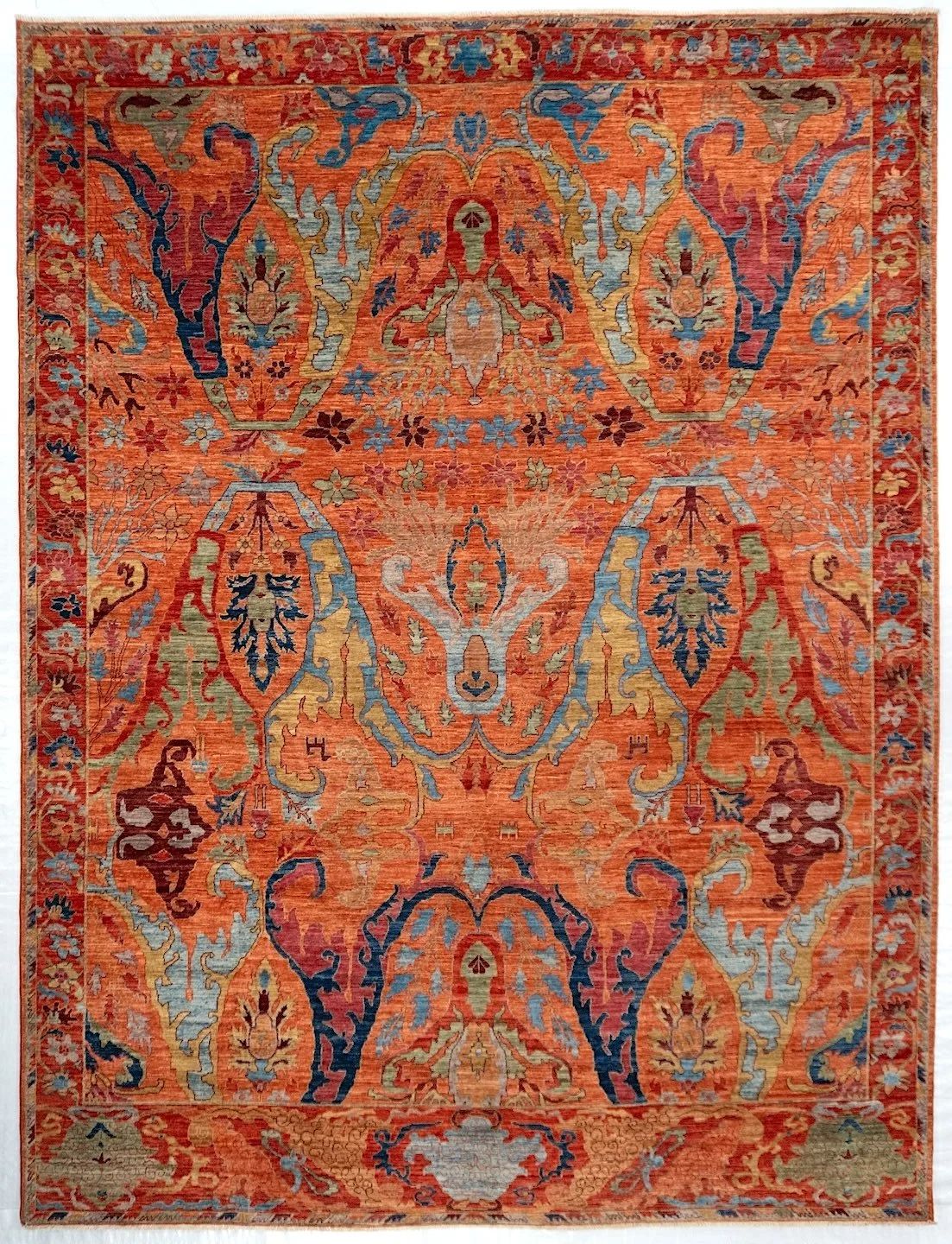 Handgeknüpfter afghanischer Bijar-Wollteppich in Korallenrot und Blau, 9' x 12'