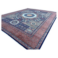 Hand-Knotted Afghan Mamluk Area Rug Salmon Pink Red Navy Blue Teal Sage