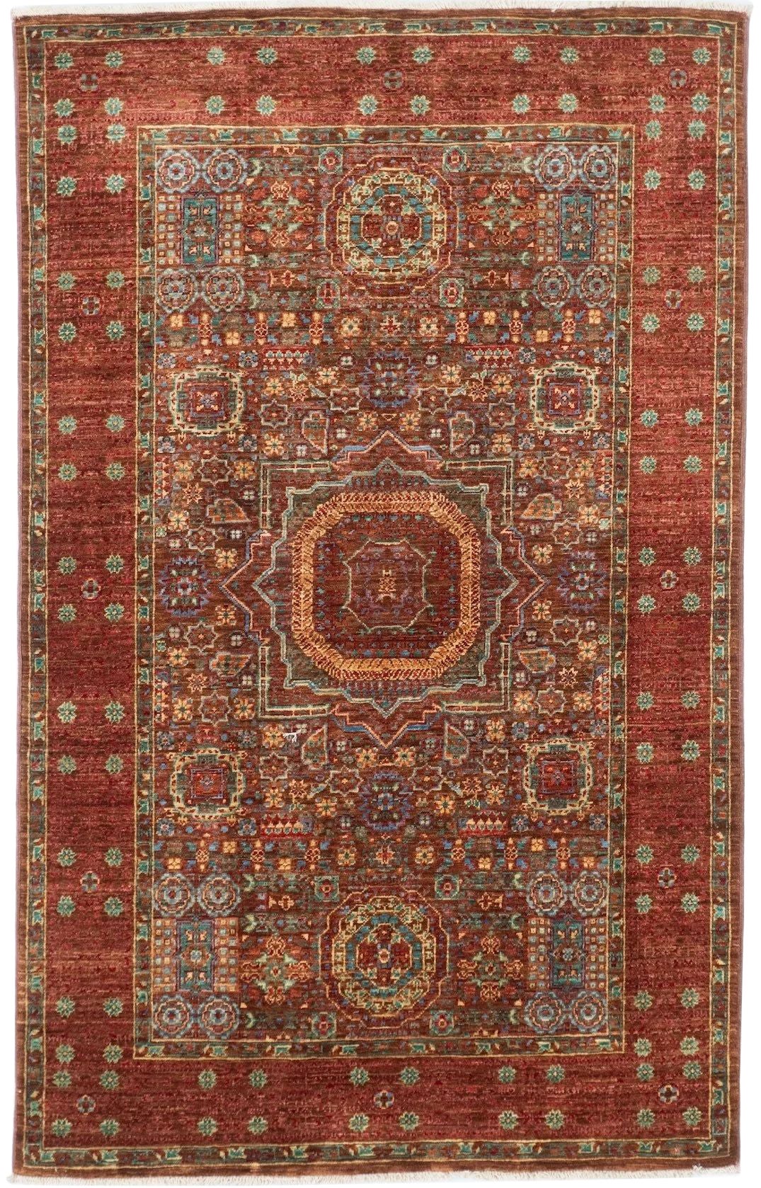 Hand-Knotted Afghan Mamluk Wool Rug in Rust Red, 3'2" x 5'1" For Sale