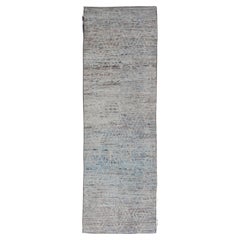 Hand-Knotted Afghan Modern Casual Gallery Runner in Cream and Light Blue 