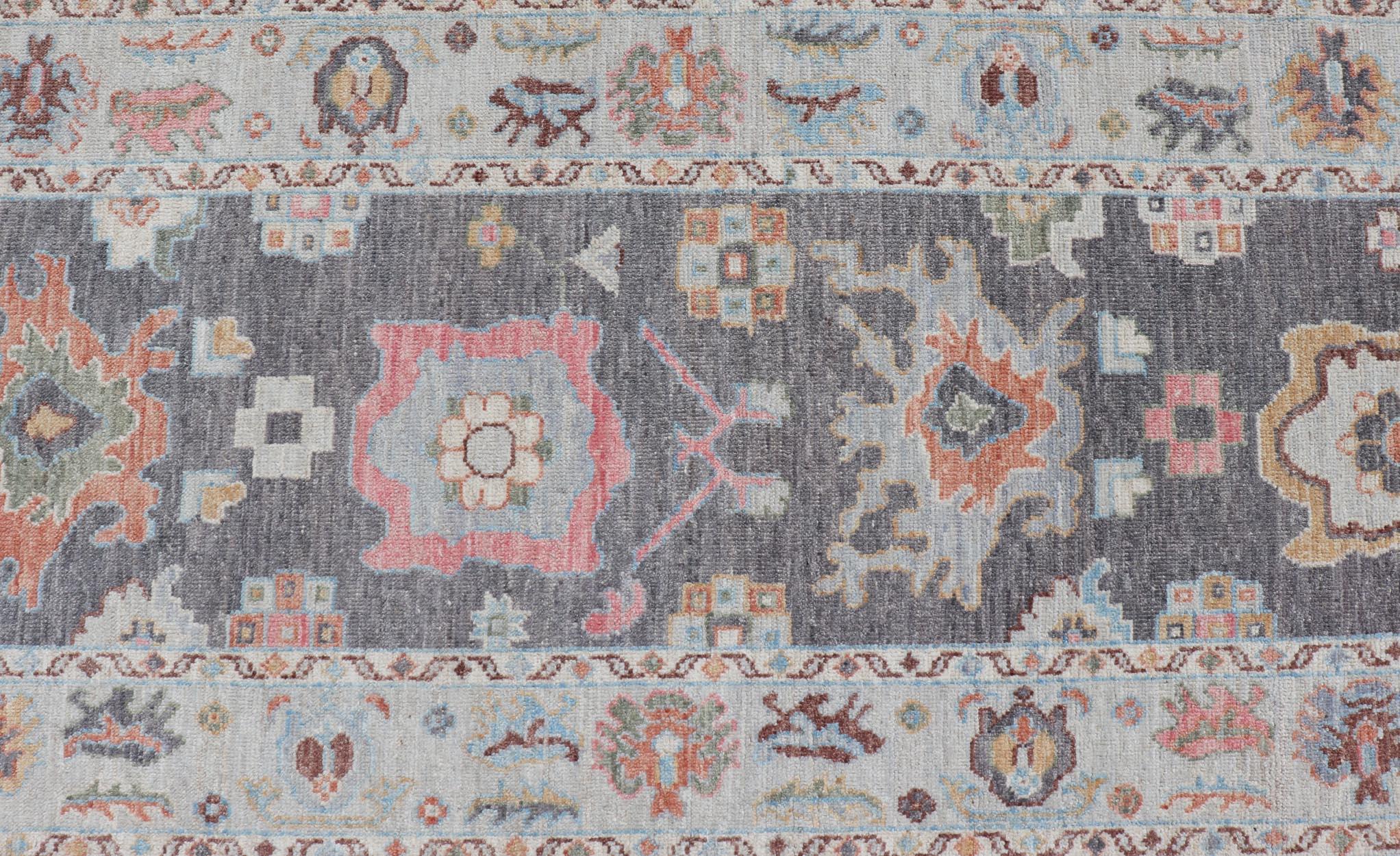 Hand-Knotted Hand Knotted Afghan Oushak Designed Runner with Gray Background For Sale