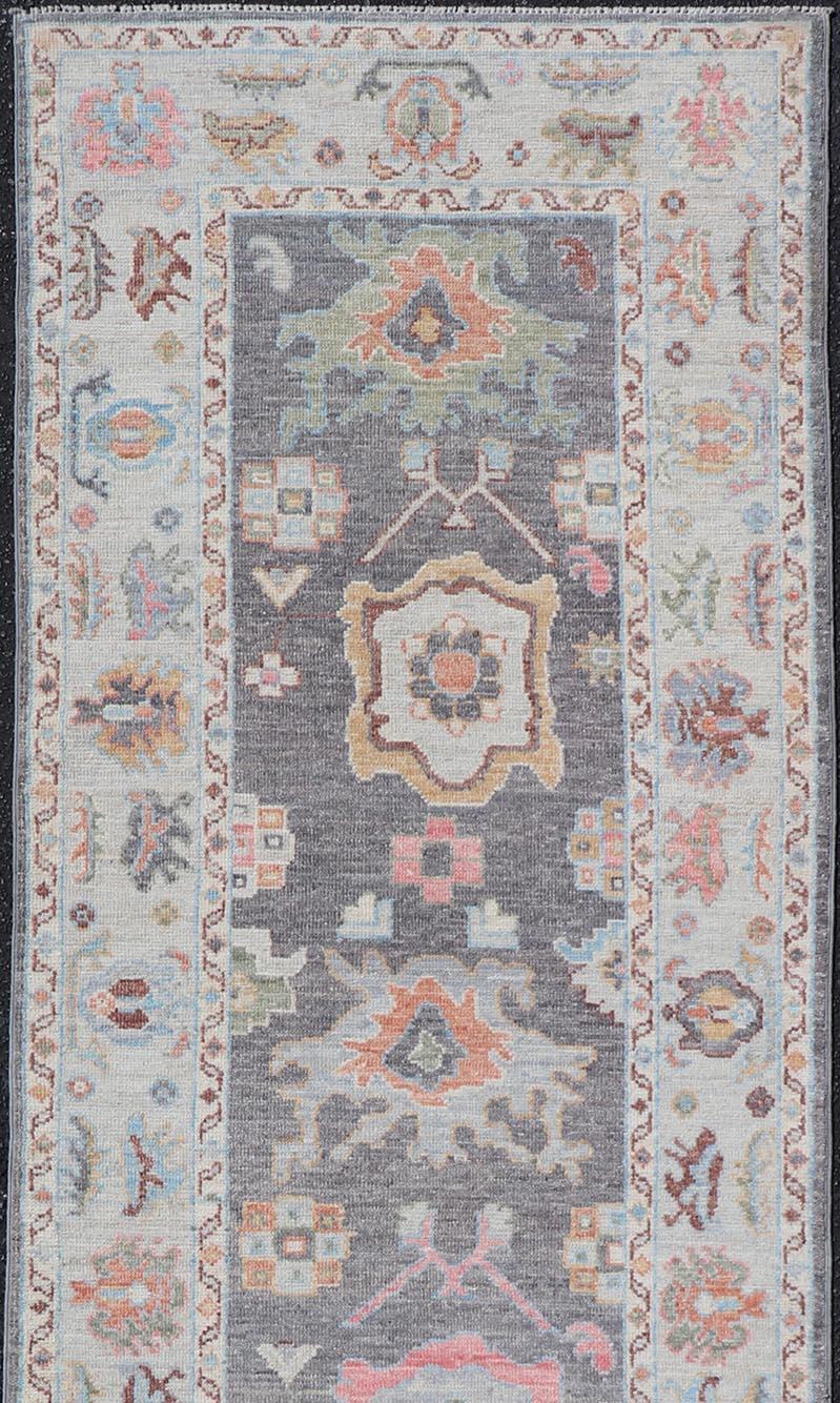 Hand Knotted Afghan Oushak Designed Runner with Gray Background In Excellent Condition For Sale In Atlanta, GA