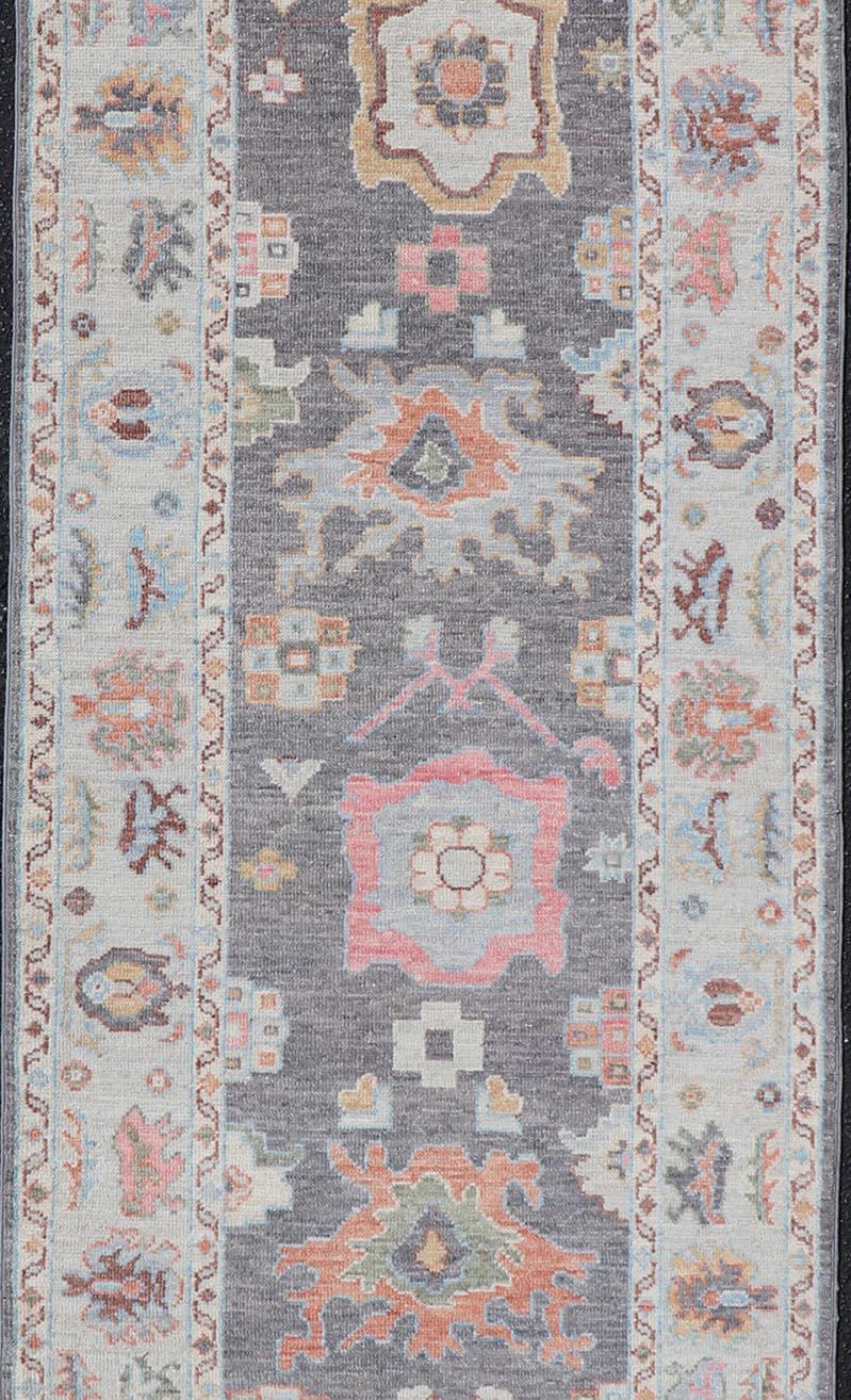 Contemporary Hand Knotted Afghan Oushak Designed Runner with Gray Background For Sale