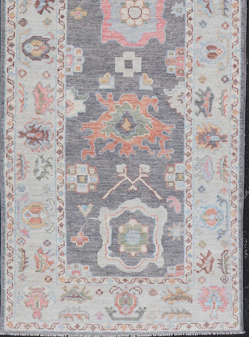 Wool Hand Knotted Afghan Oushak Designed Runner with Gray Background For Sale