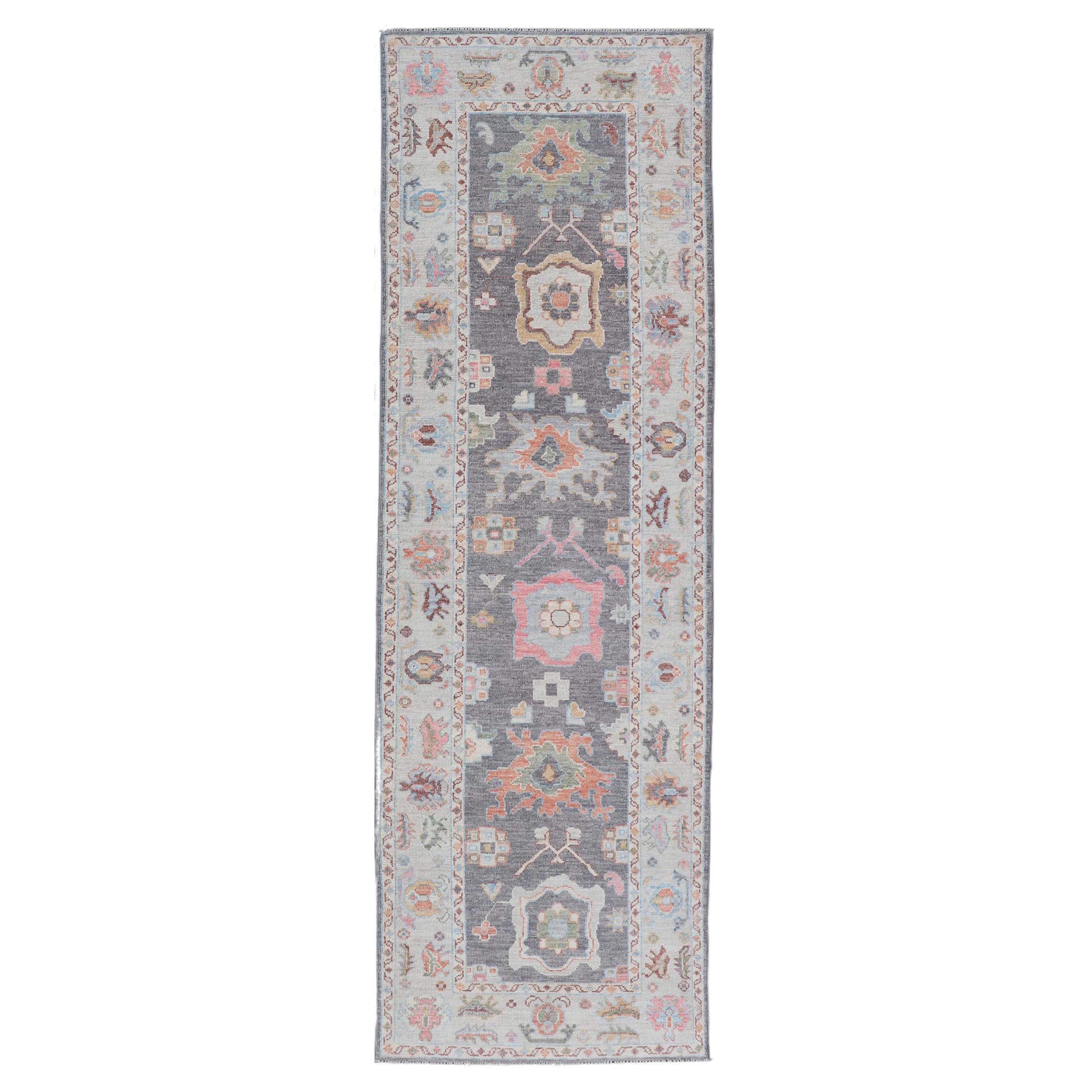 Hand Knotted Afghan Oushak Designed Runner with Gray Background For Sale
