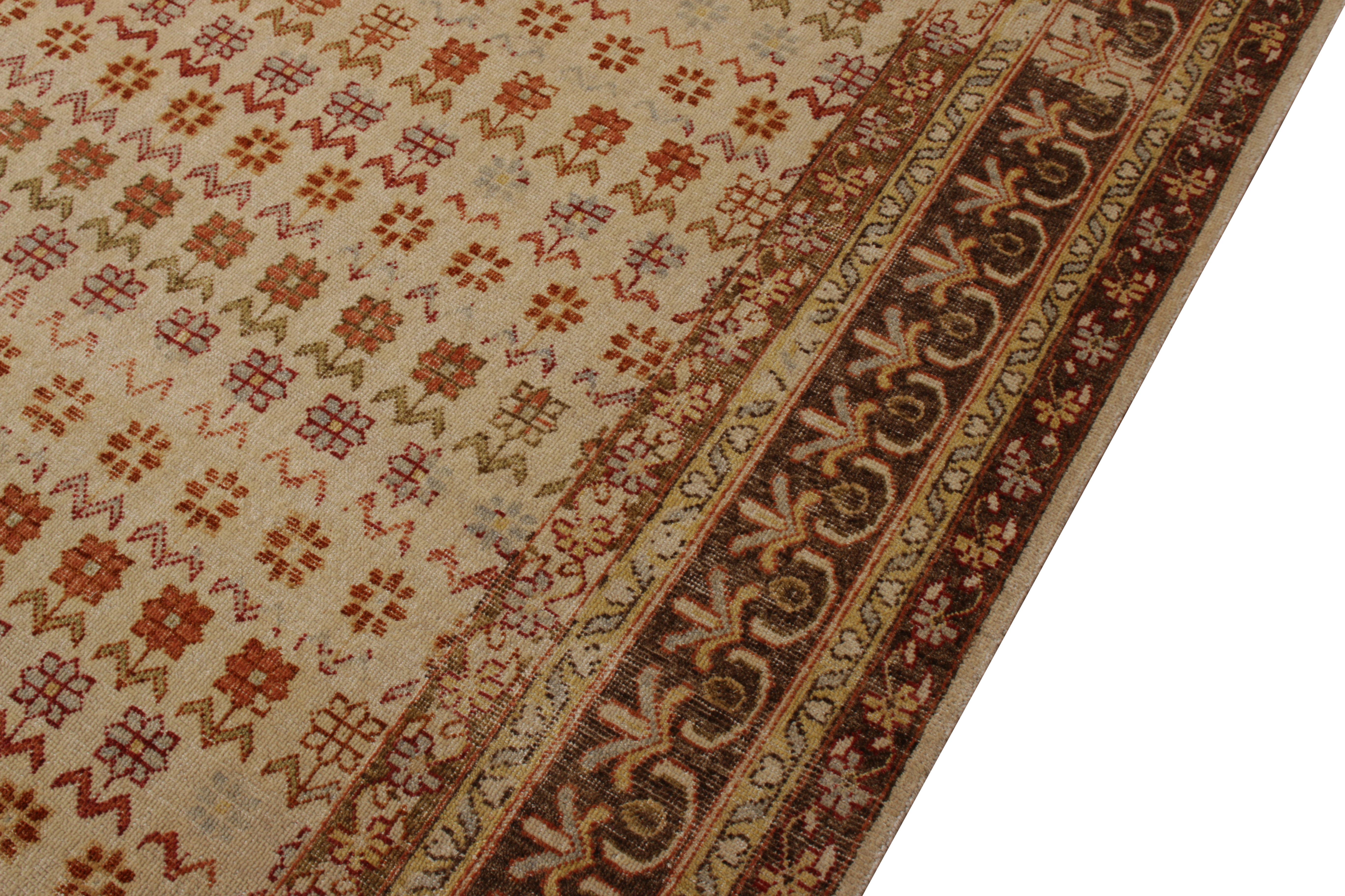 Contemporary Rug & Kilim's Hand Knotted Agra Style Rug Beige Brown Striped Floral Pattern