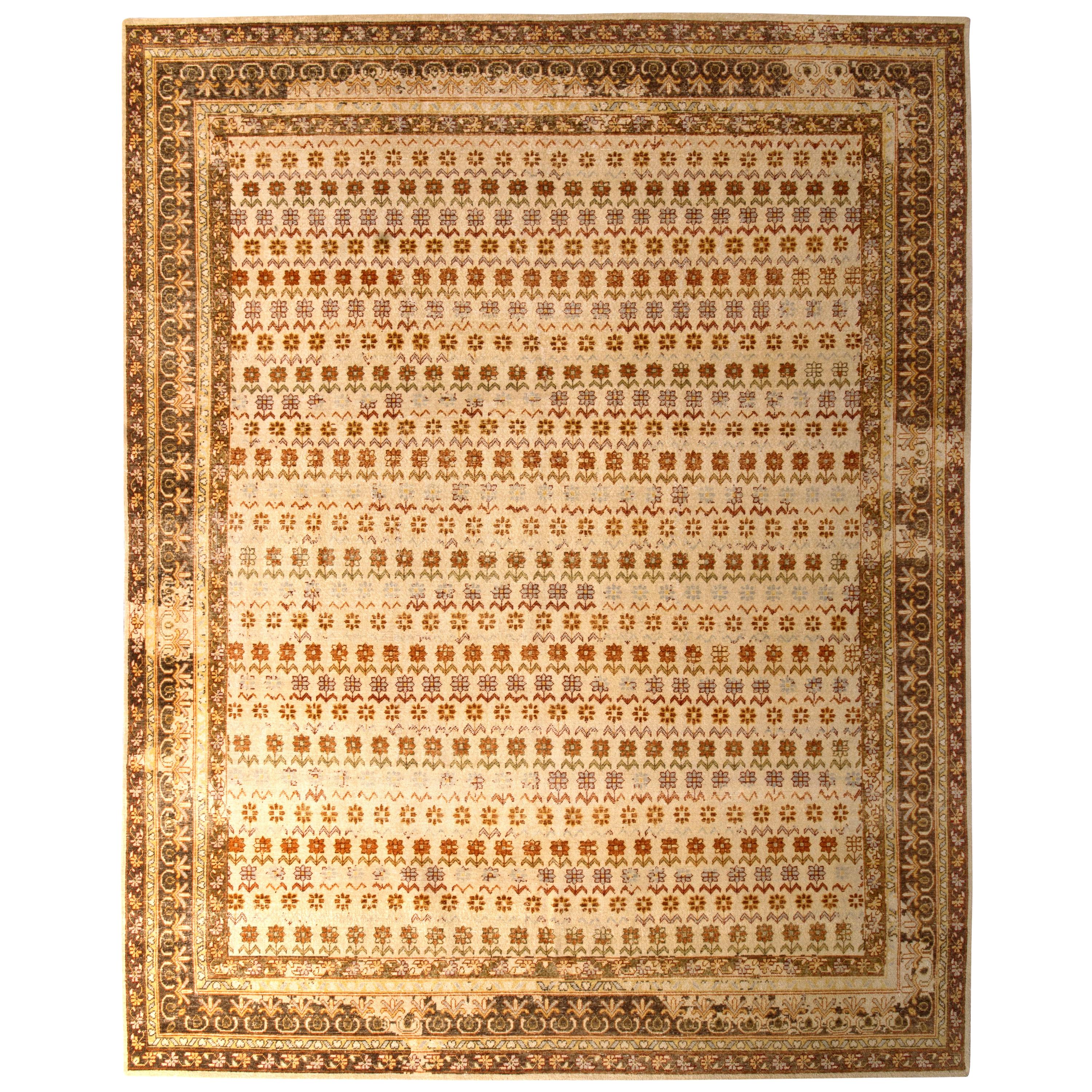Rug & Kilim's Hand Knotted Agra Style Rug Beige Brown Striped Floral Pattern