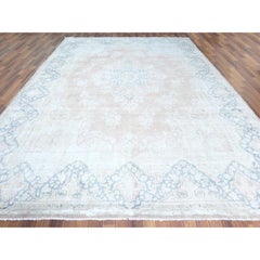 Almond Brown Hand Knotted Vintage Zoroastrian Karman Distressed Look Wool Rug