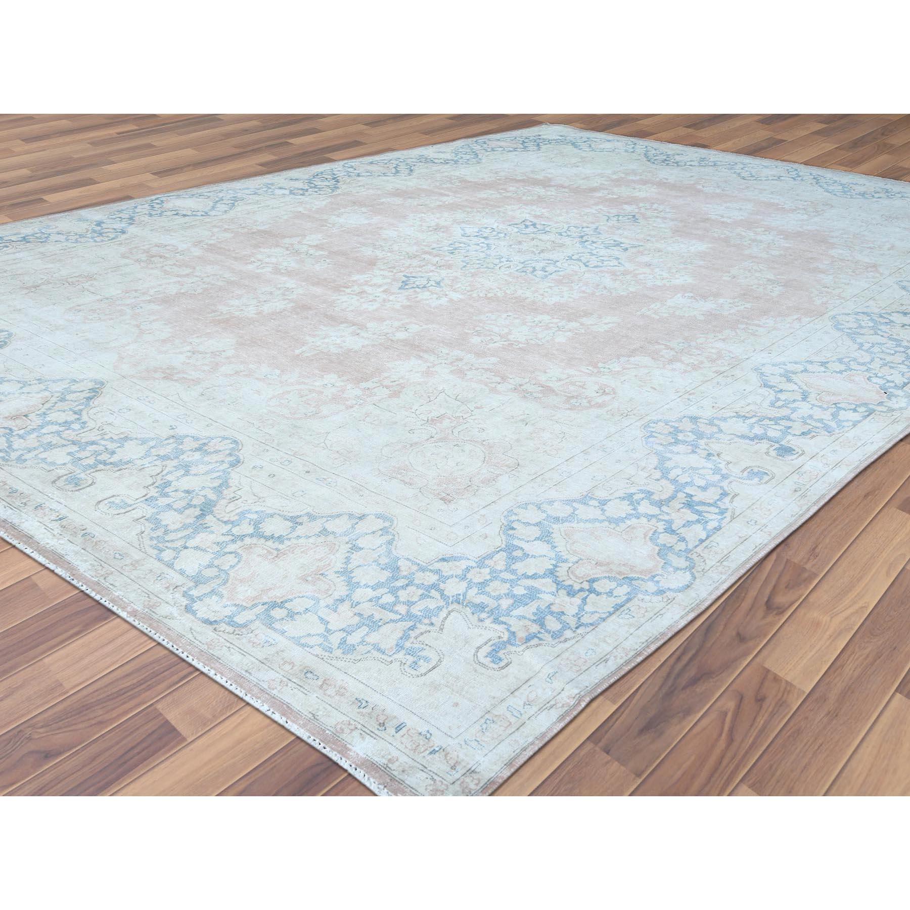 Medieval Hand Knotted, Almond Brown, Vintage Persian Kerman Distressed Look Worn Wool Rug For Sale