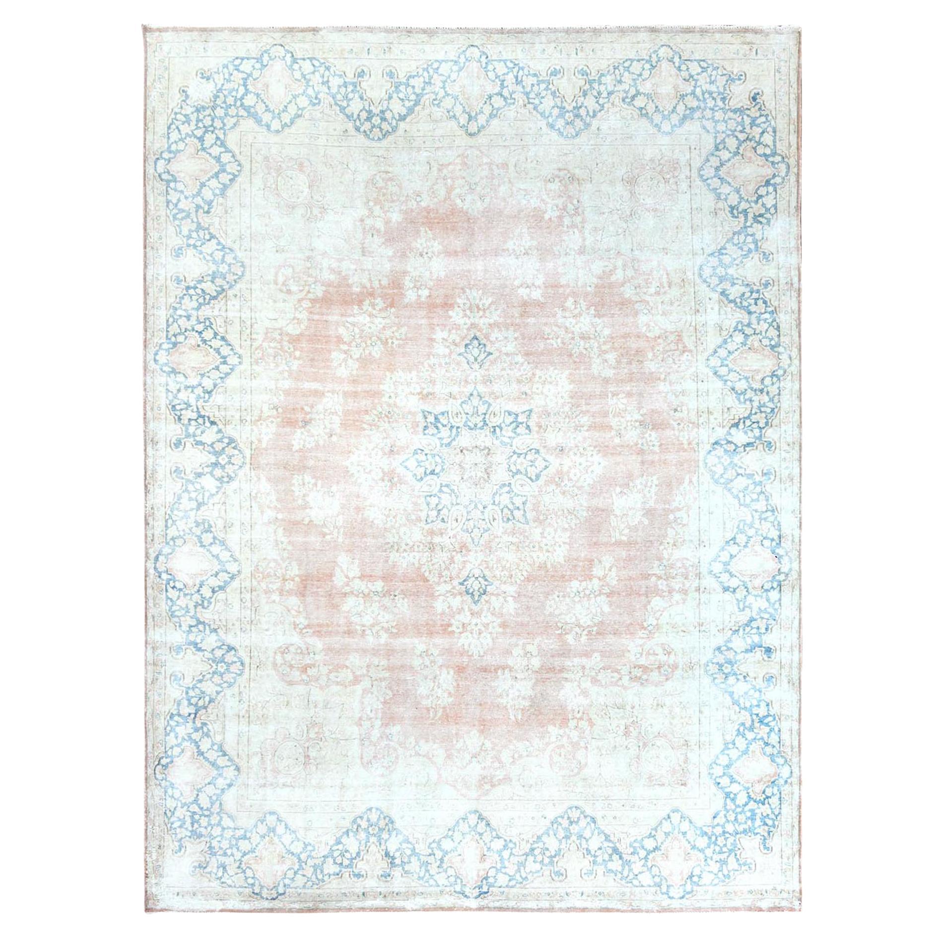 Hand Knotted, Almond Brown, Vintage Persian Kerman Distressed Look Worn Wool Rug For Sale