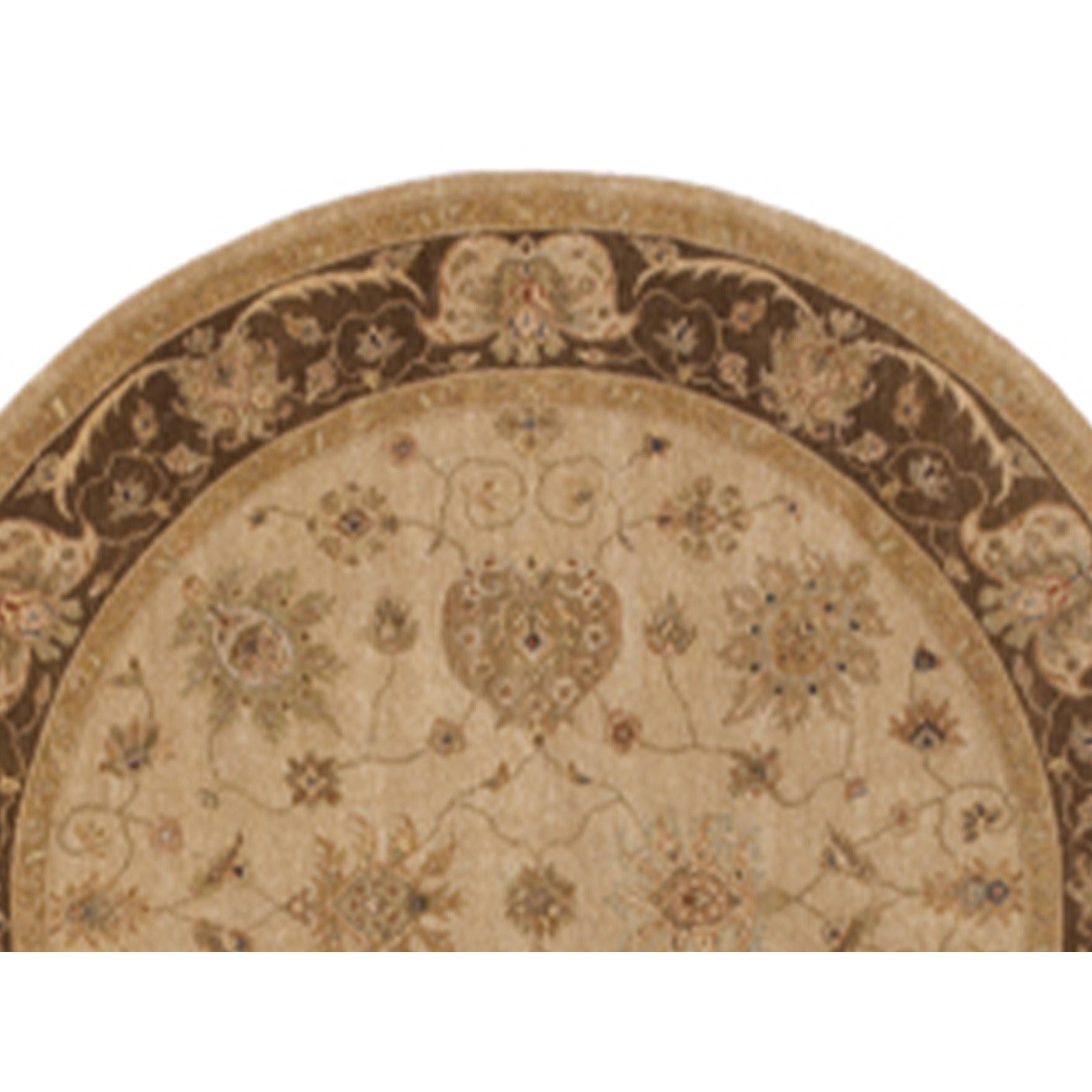 Indian Luxury Traditional Hand-Knotted Amritsar Mogul Beige/Brown 12x12 Round Rug For Sale