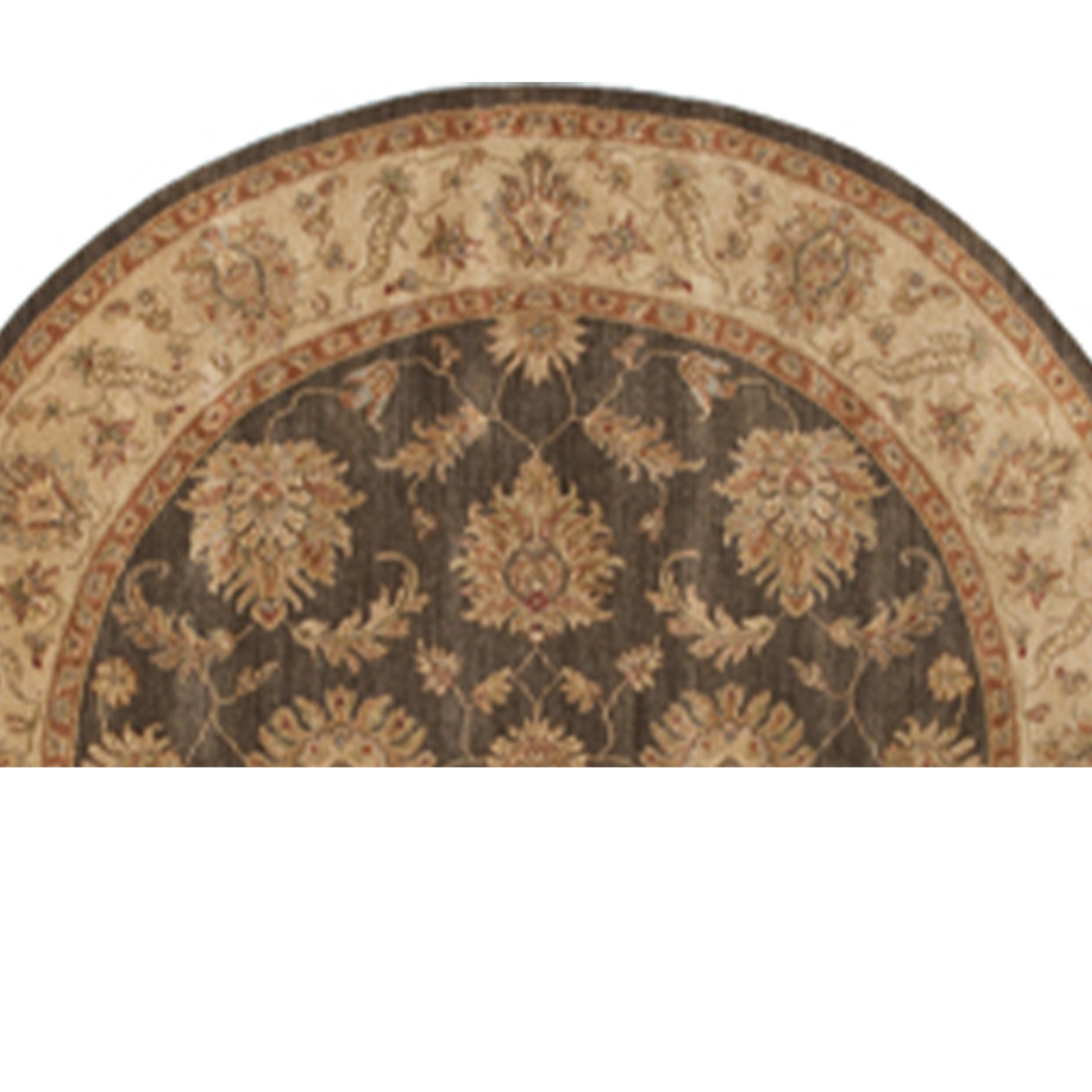 Annodato a mano Tappeto tradizionale di lusso annodato a mano Amritsar Ziegler Marrone/Beige 12x12 Rotondo in vendita