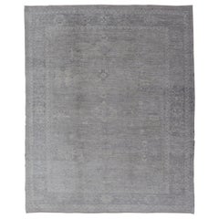 Hand Knotted Angora Oushak Turkish Rug in Shades of Gray, Ivory, and Silver