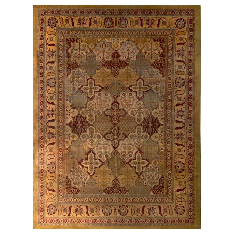 Antique Agra Geometric Beigr and Red Wool Floral Rug For Sale at 1stDibs