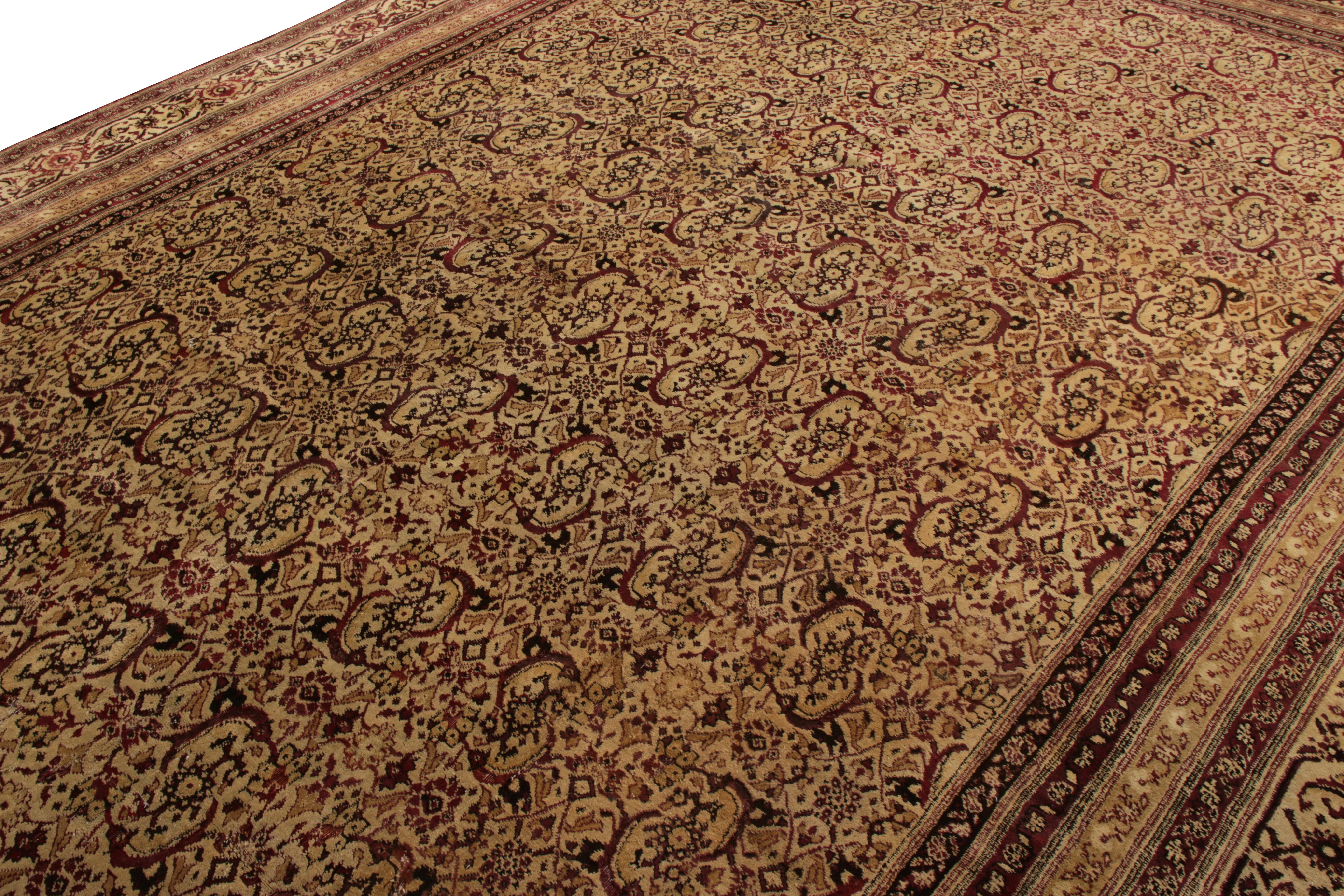 Agra Hand Knotted Antique Rug in Beige-Brown All-Over Floral Pattern For Sale