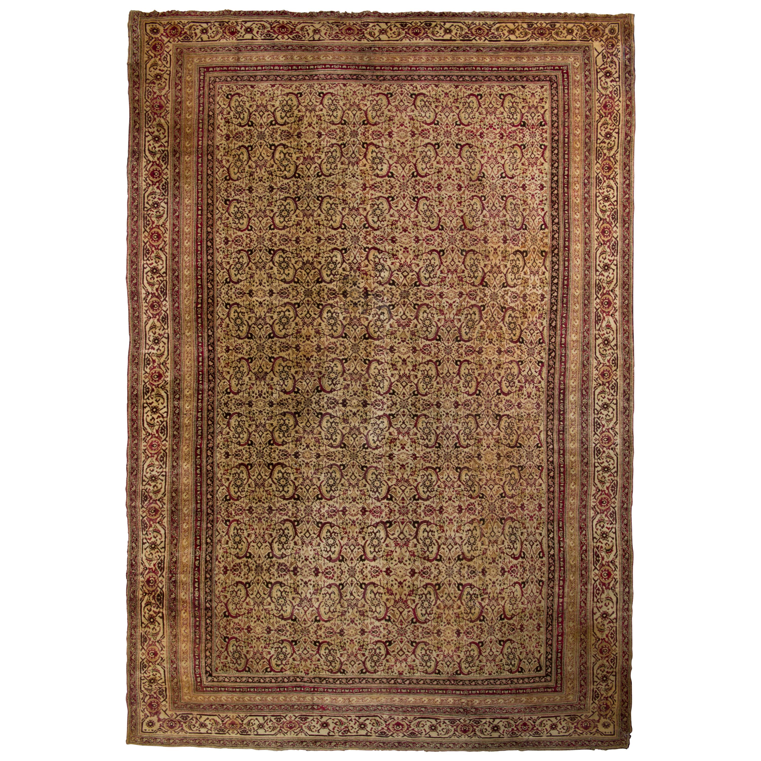 Hand Knotted Antique Rug in Beige-Brown All-Over Floral Pattern For Sale