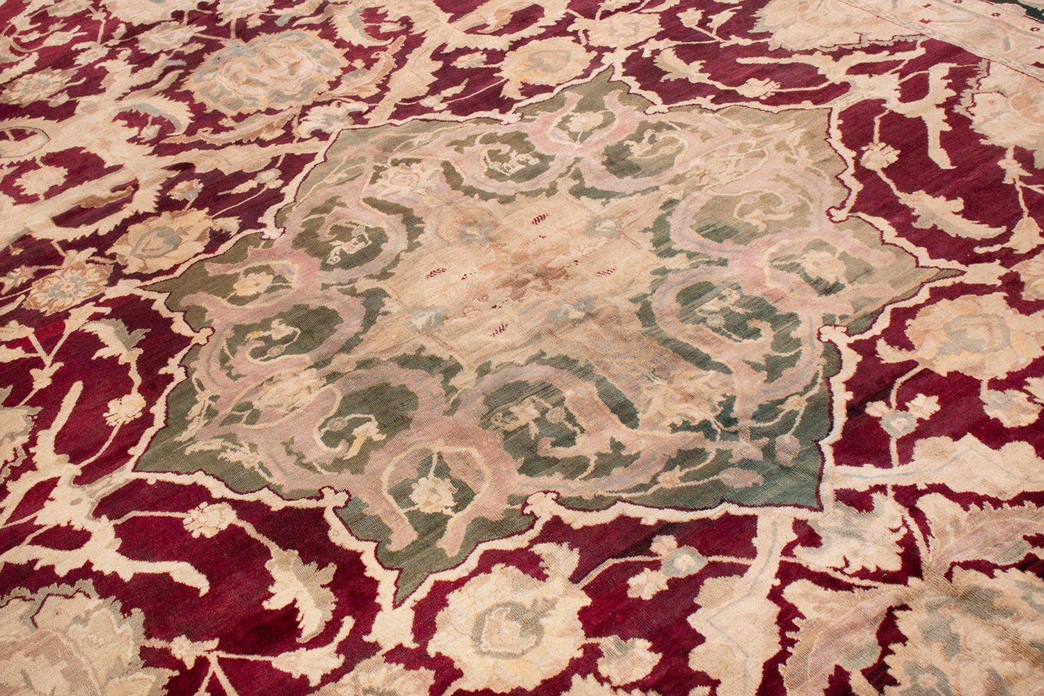 Indian Hand Knotted Antique Agra Rug in Beige Red Medallion Pattern