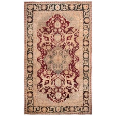 Hand Knotted Antique Agra Rug in Beige Red Medallion Pattern