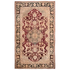 Hand Knotted Antique Agra Rug in Beige Red Medallion Pattern