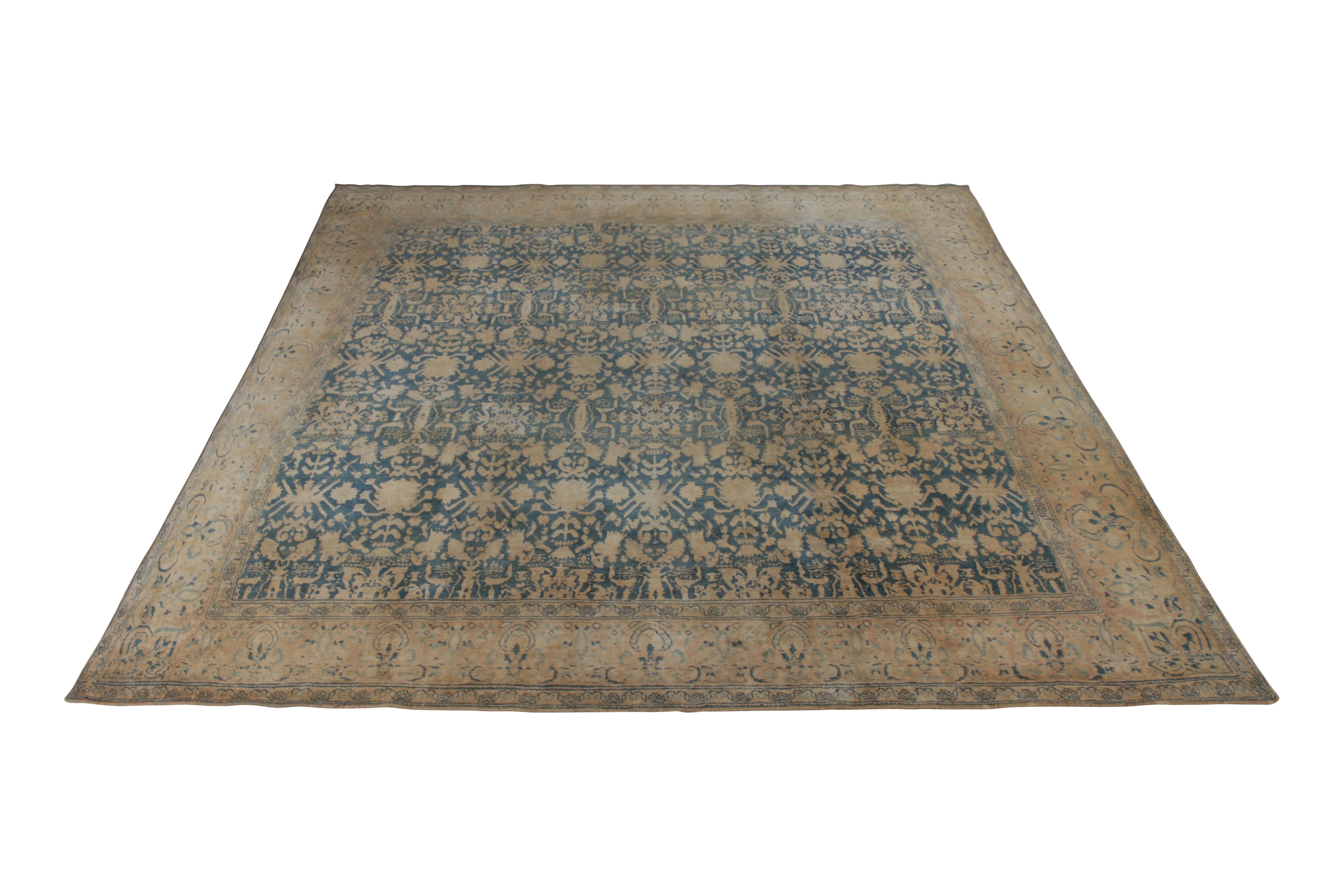 An antique 13x13 Agra rug in beige and blue, hand knotted in all cotton originating from India circa 1910-1920. A time-honored lineage, often notably used by the Maharajas of India for their homes in the summer. 

Further on the design: An accent