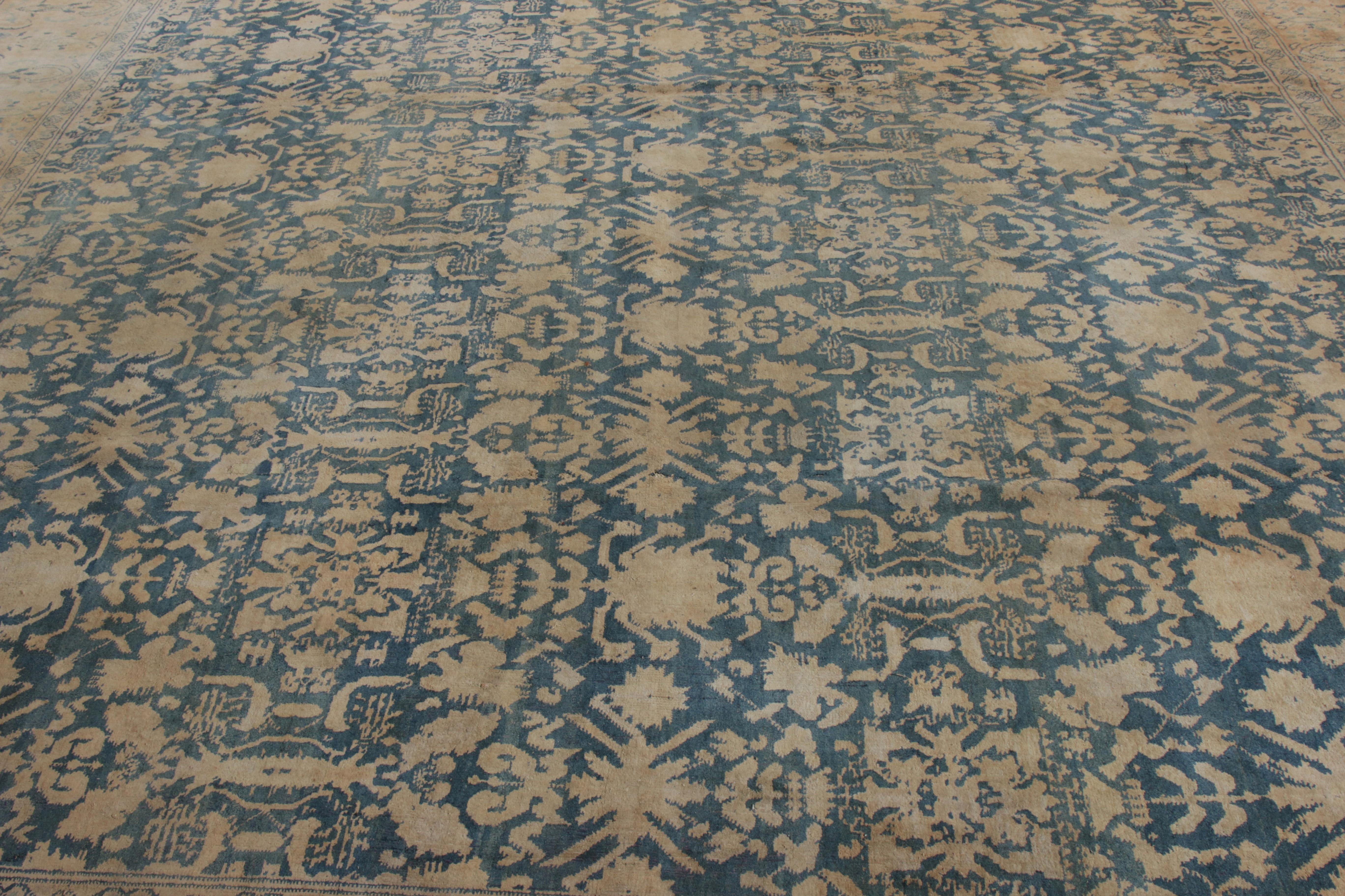 Indian Hand-Knotted Antique Agra Rug in Blue Floral Pattern by Rug & Kilim For Sale