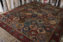 Hand-Knotted Antique Agra Rug in Blue and Red Floral Pattern
