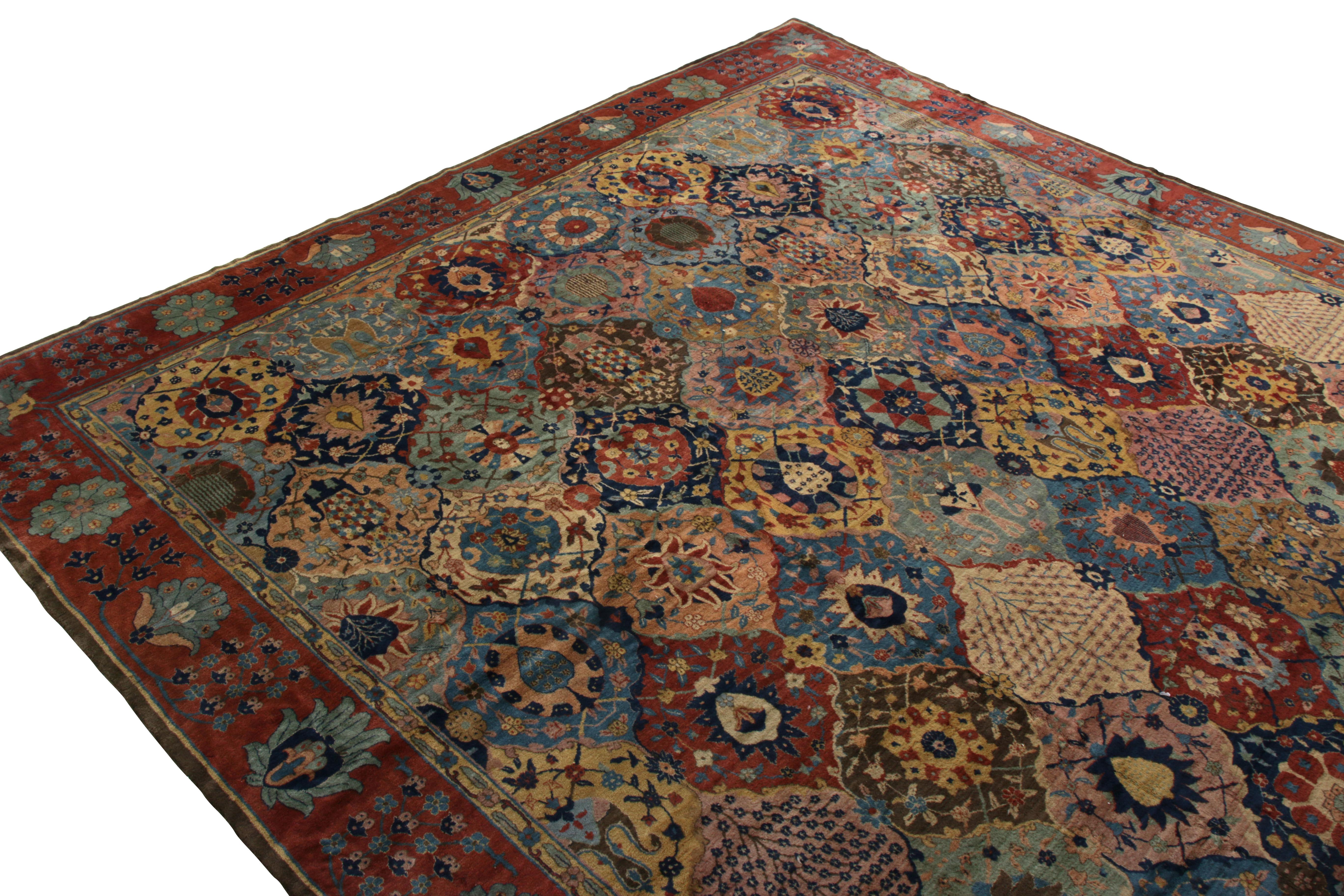 Indian Hand-Knotted Antique Agra Rug in Blue and Red Floral Pattern For Sale