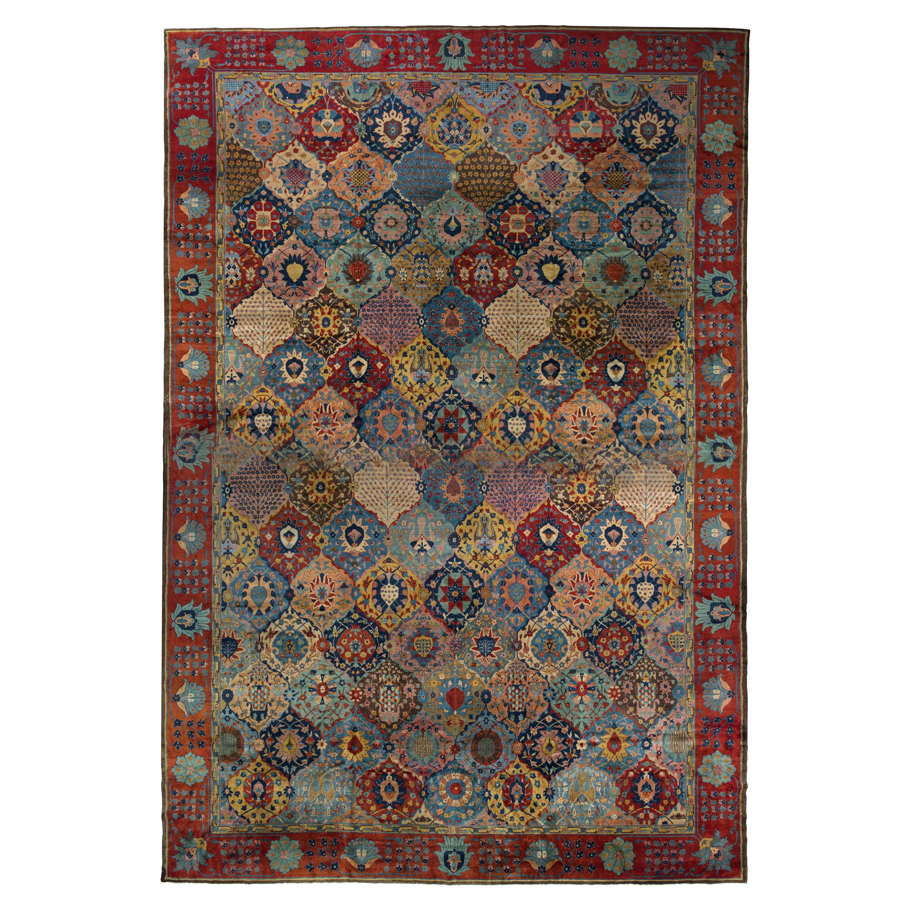 Hand-Knotted Antique Agra Rug in Blue and Red Floral Pattern For Sale