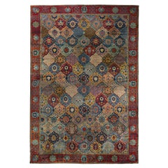 Hand-Knotted Antique Agra Rug in Blue and Red Floral Pattern