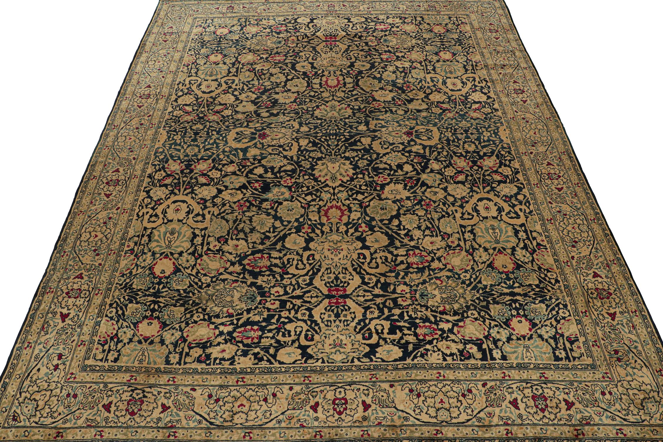Indian Hand-Knotted Antique Agra Rug in Blue Gold and Red Floral Pattern by Rug & Kilim For Sale