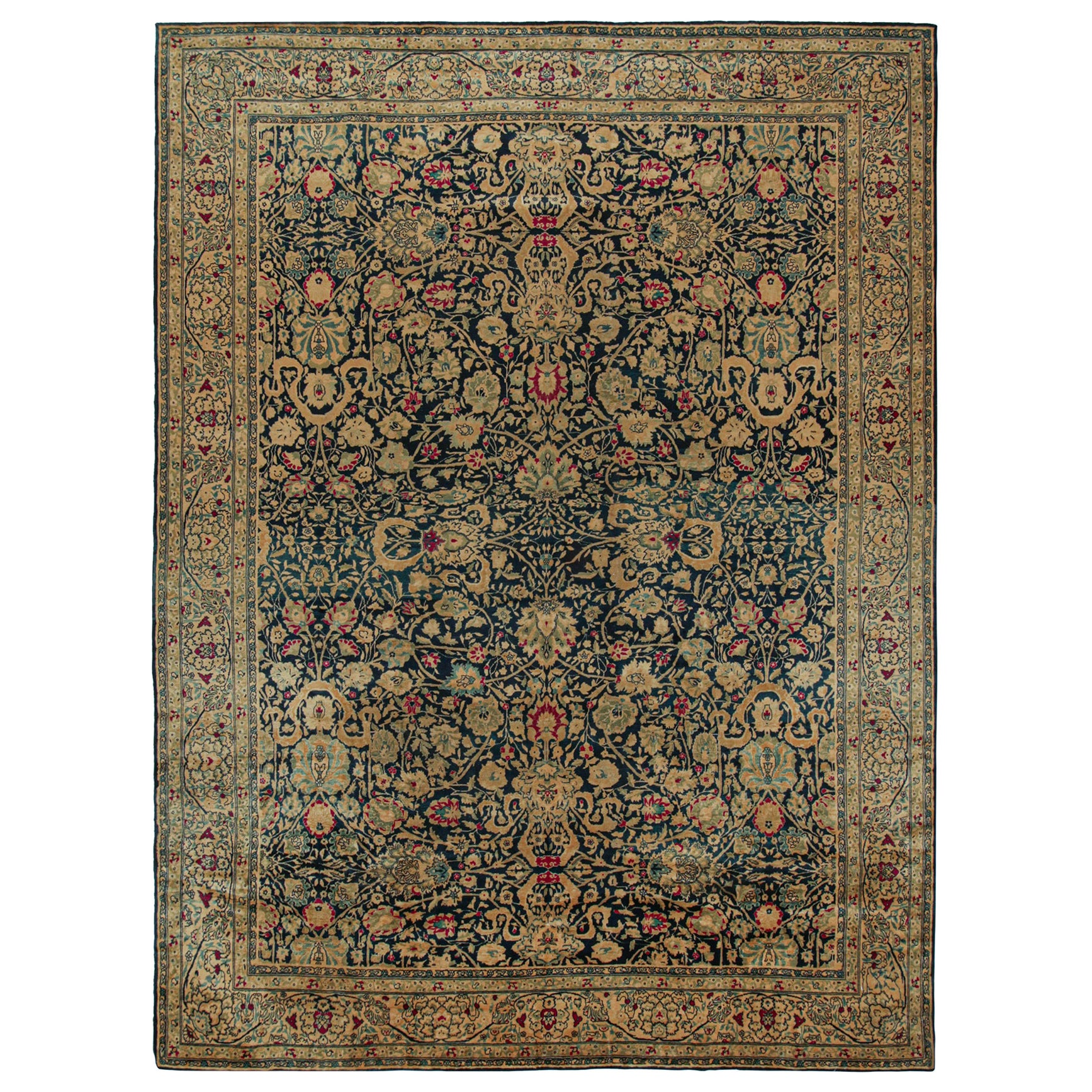 Tapis Agra ancien noué à la main en or bleu et motif floral rouge par Rug & Kilim