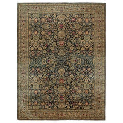 Tapis Agra ancien noué à la main en or bleu et motif floral rouge par Rug & Kilim