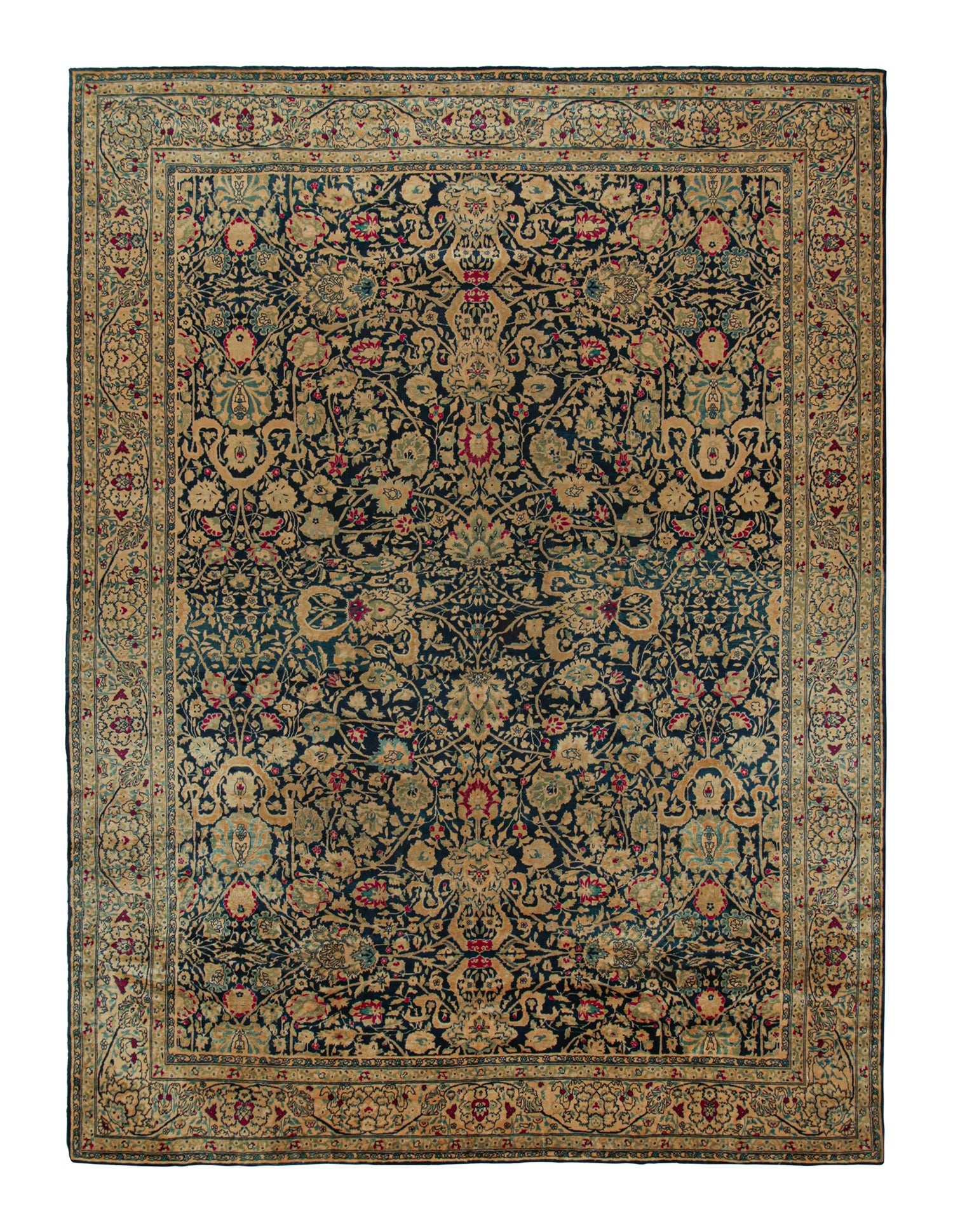 Hand-Knotted Antique Agra Rug in Blue Gold and Red Floral Pattern by Rug & Kilim
