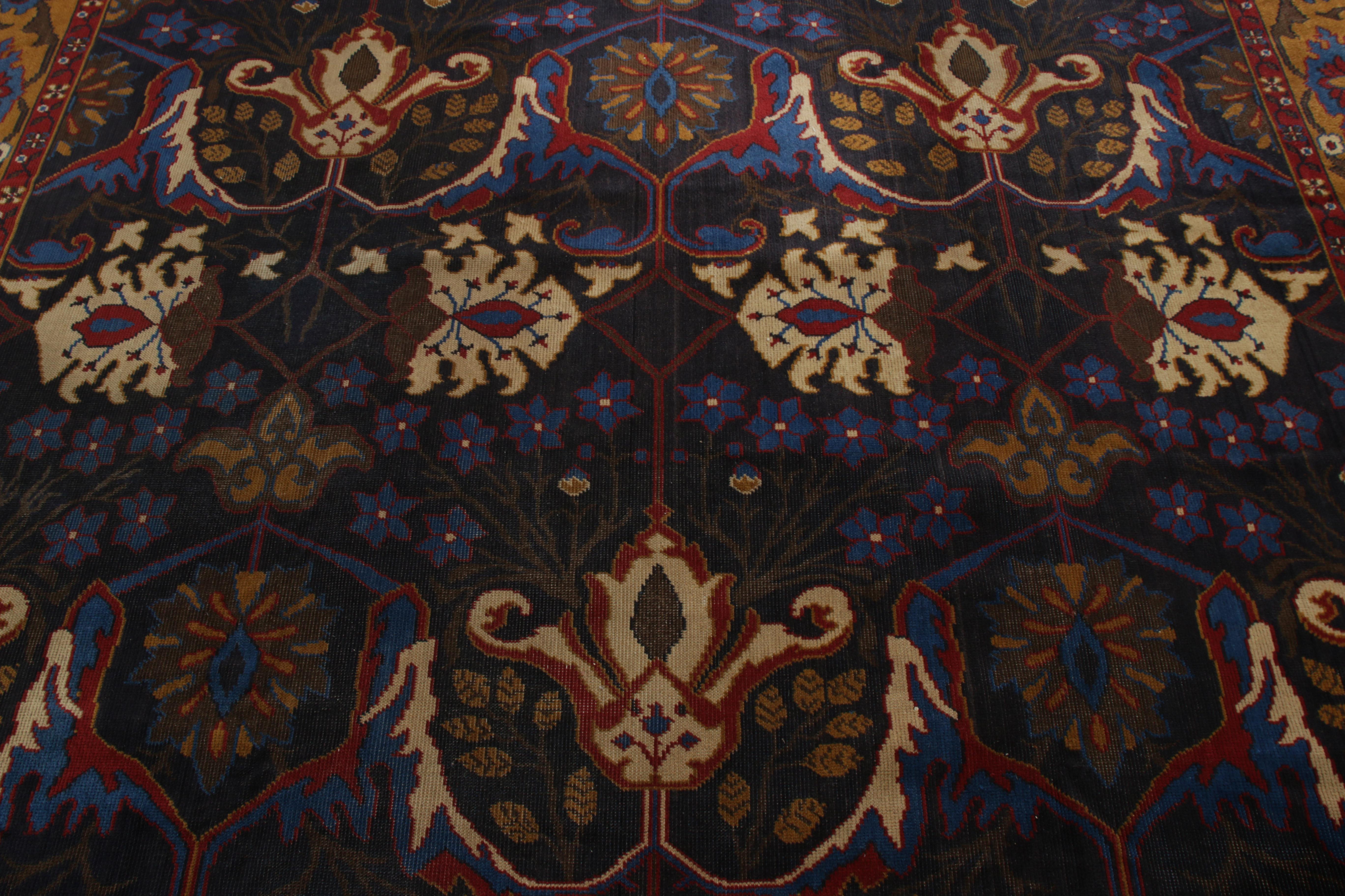 Hand-Knotted Antique Agra Rug in Gold and Blue All Over Floral Pattern by Rug & Kilim For Sale