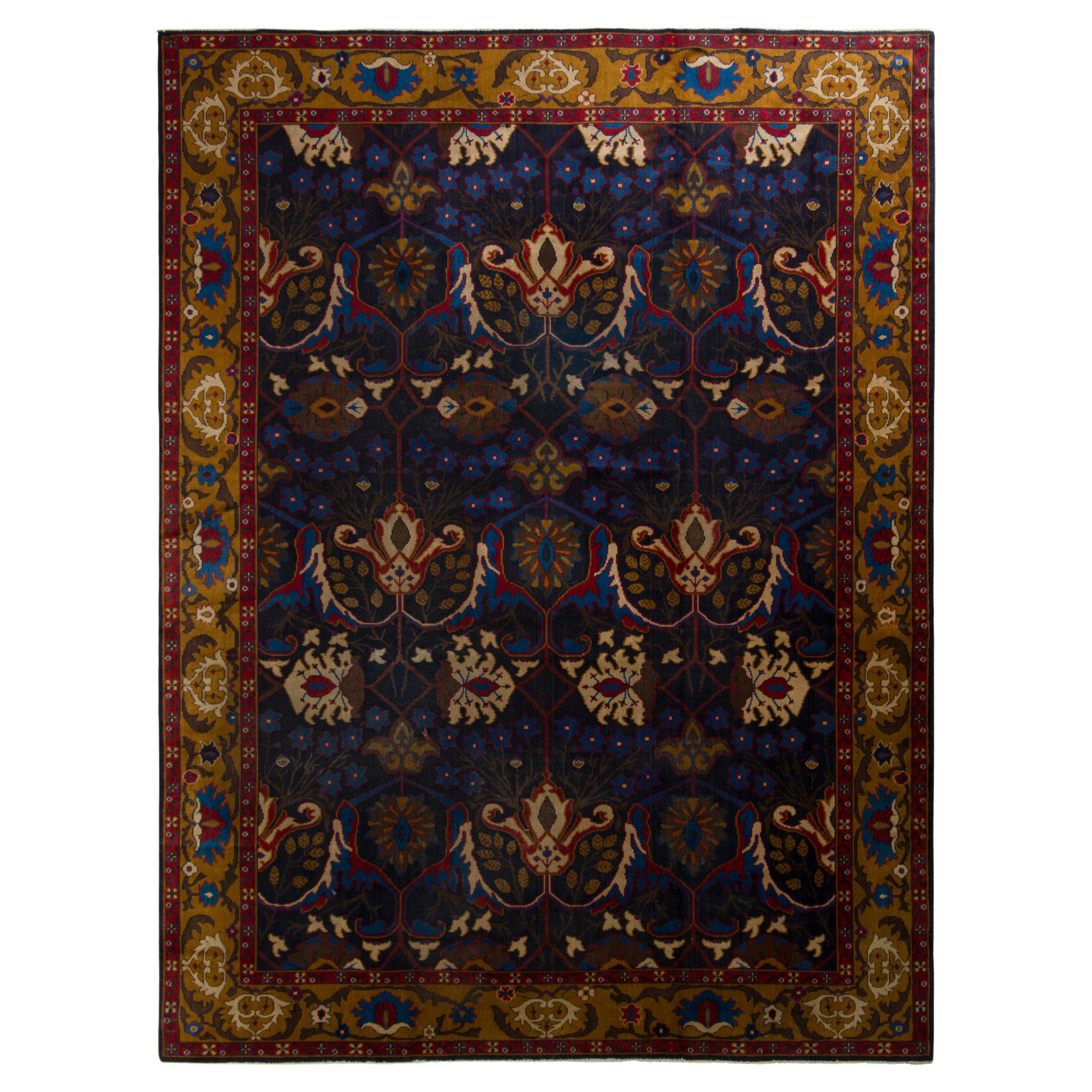 Antique Agra Rug in Gold and Blue All Over Floral Pattern by Rug & Kilim For Sale