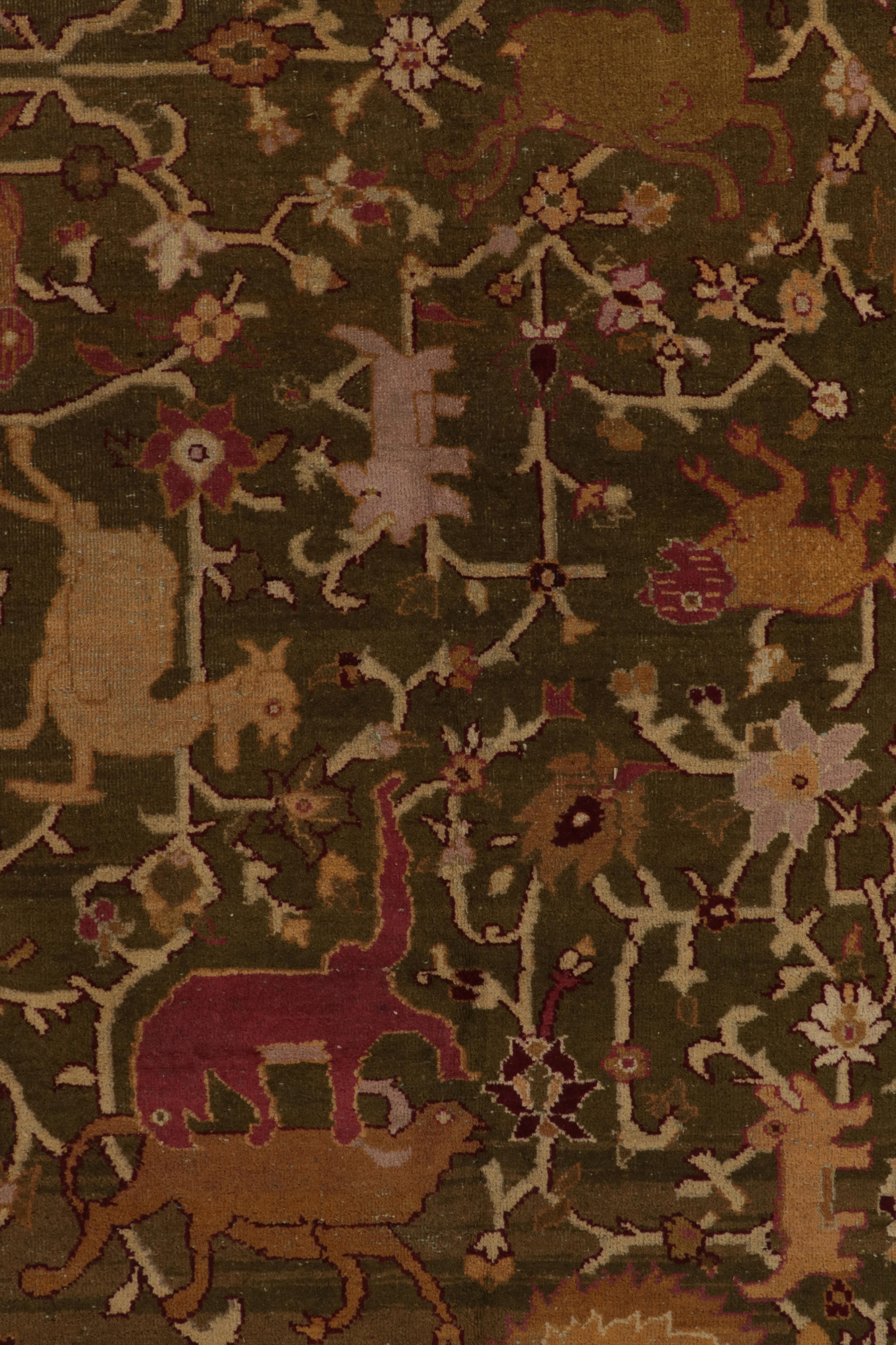 Late 19th Century Antique Amritsar rug in Greenish-Brown, Pink Gold with Pictorial  For Sale