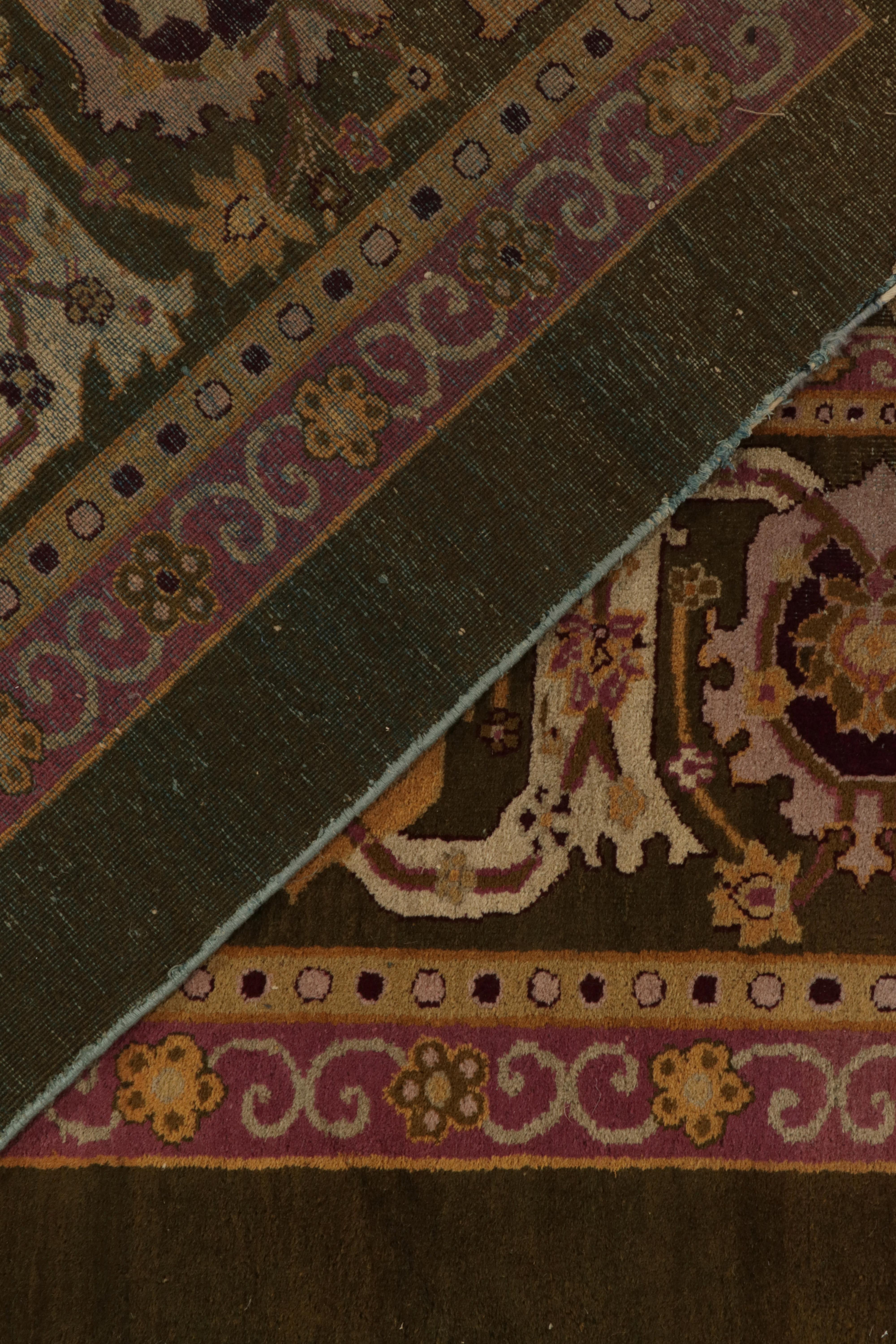 Wool Antique Amritsar rug in Greenish-Brown, Pink Gold with Pictorial For Sale