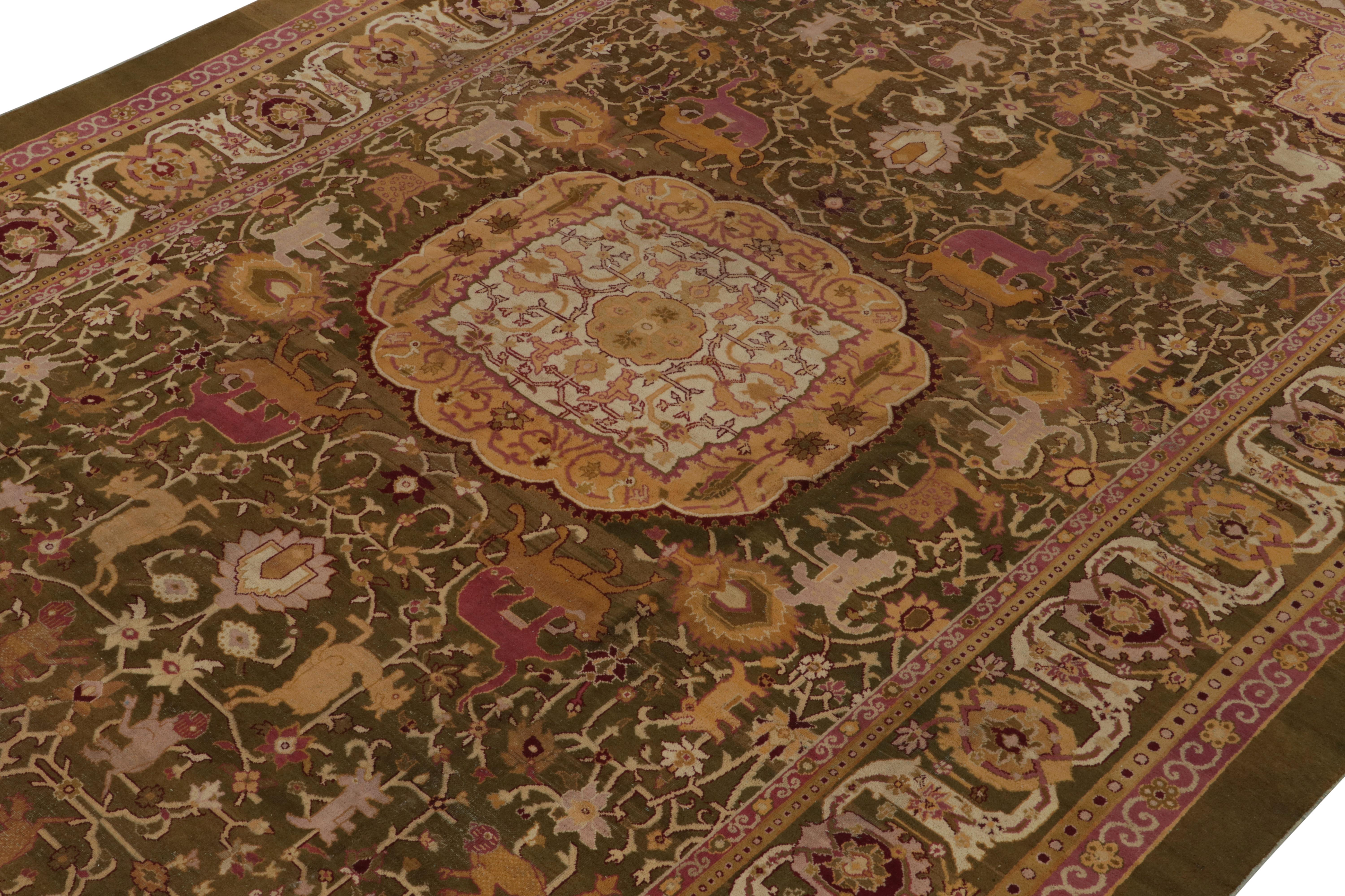 Hand-Knotted Antique Amritsar rug in Greenish-Brown, Pink Gold with Pictorial For Sale