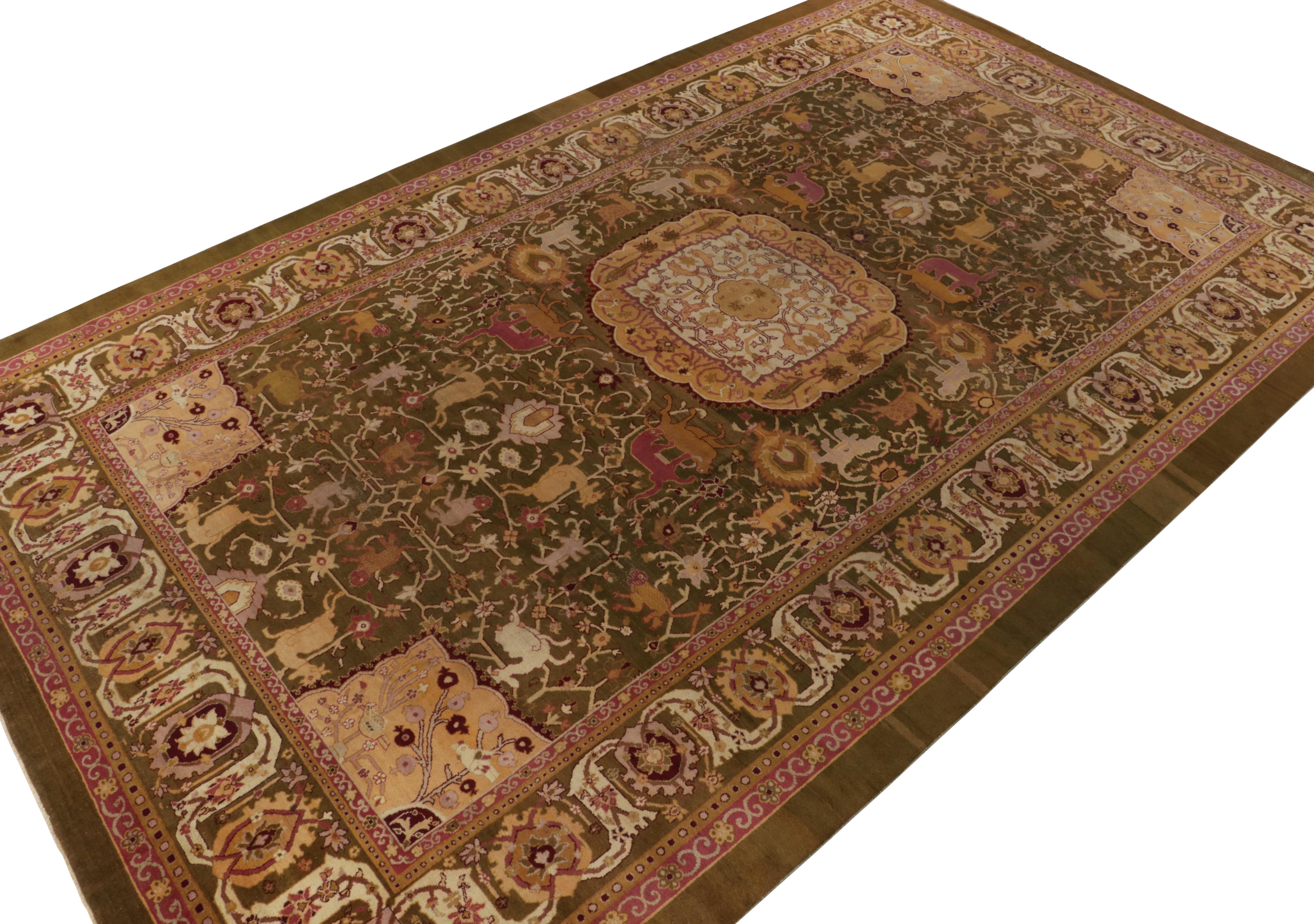 Originating from India circa 1880-1890, this 10x17 antique Amritsar rug is among the most rare additions to our collection. 

Inspired by early Persian design, this hand-knotted wool masterpiece depicts an elaborate mural of grand pictorials and