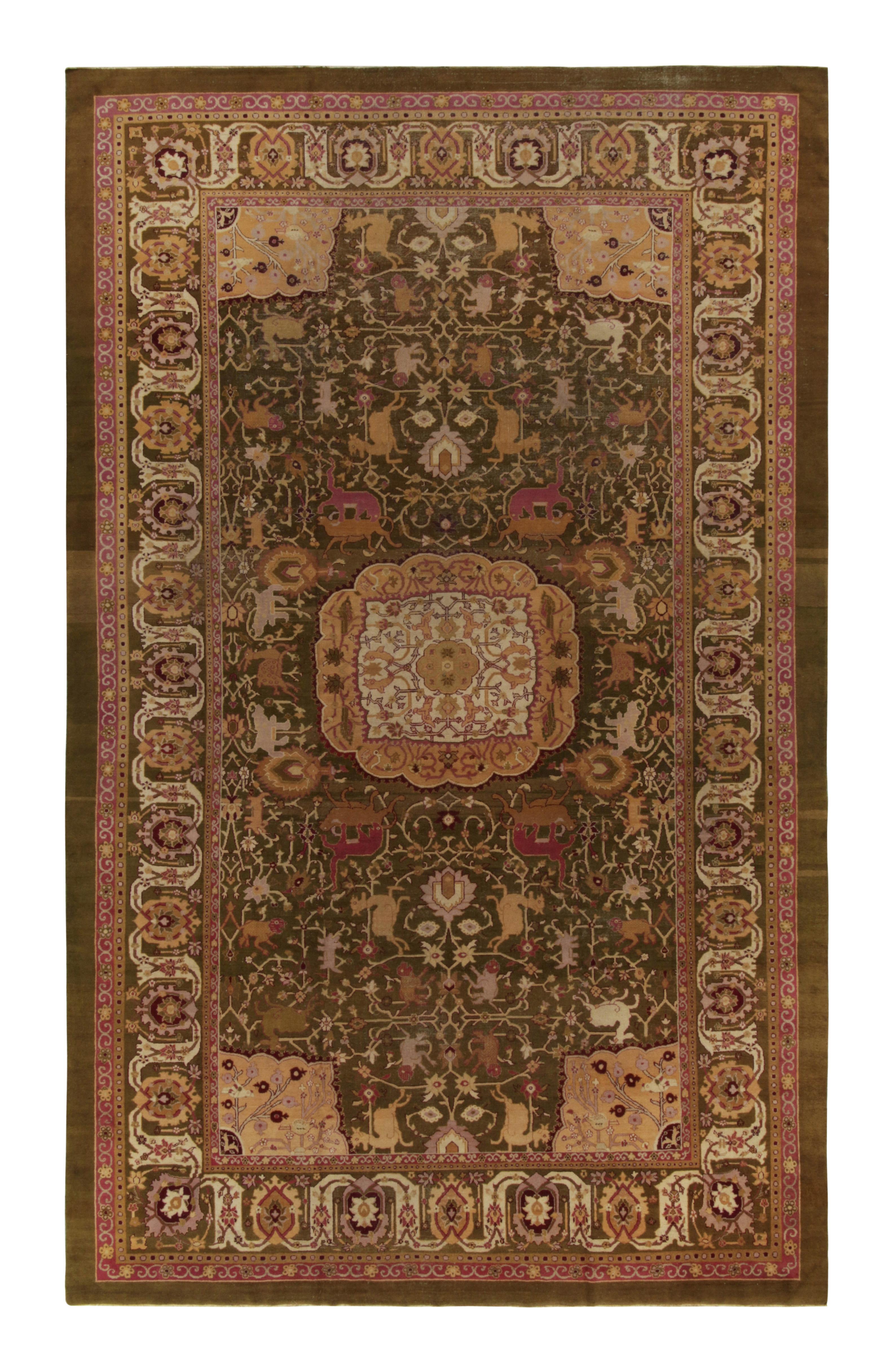 Antique Amritsar rug in Greenish-Brown, Pink Gold with Pictorial For Sale