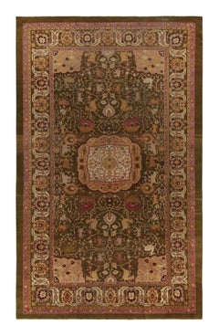 Alfombra antigua de Amritsar de color marrón verdoso y oro rosa con dibujos 