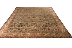 Hand Knotted Antique Agra Rug in Green and Beige with Red Floral Pattern