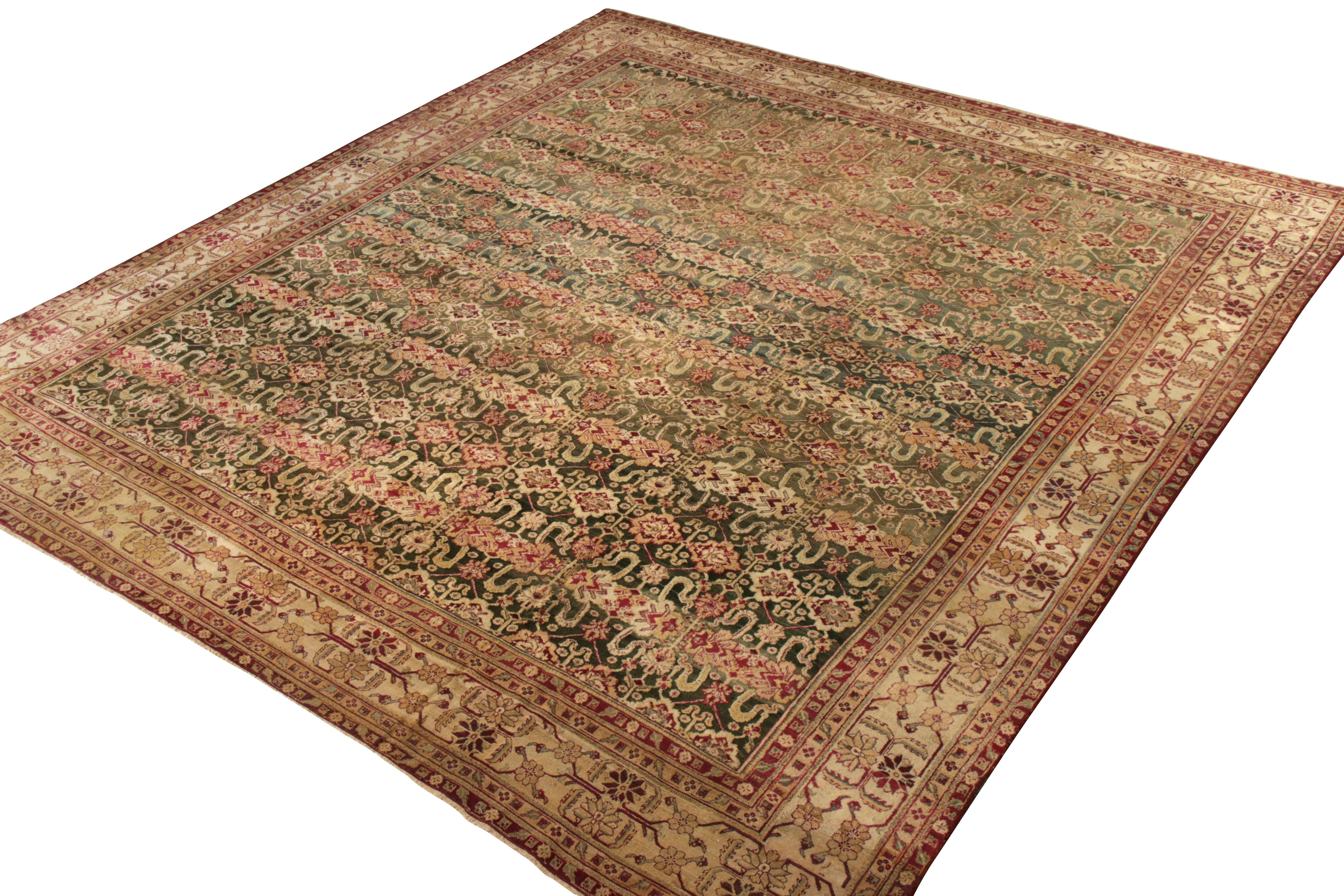 Indian Hand Knotted Antique Agra Rug in Green and Beige with Red Floral Pattern For Sale
