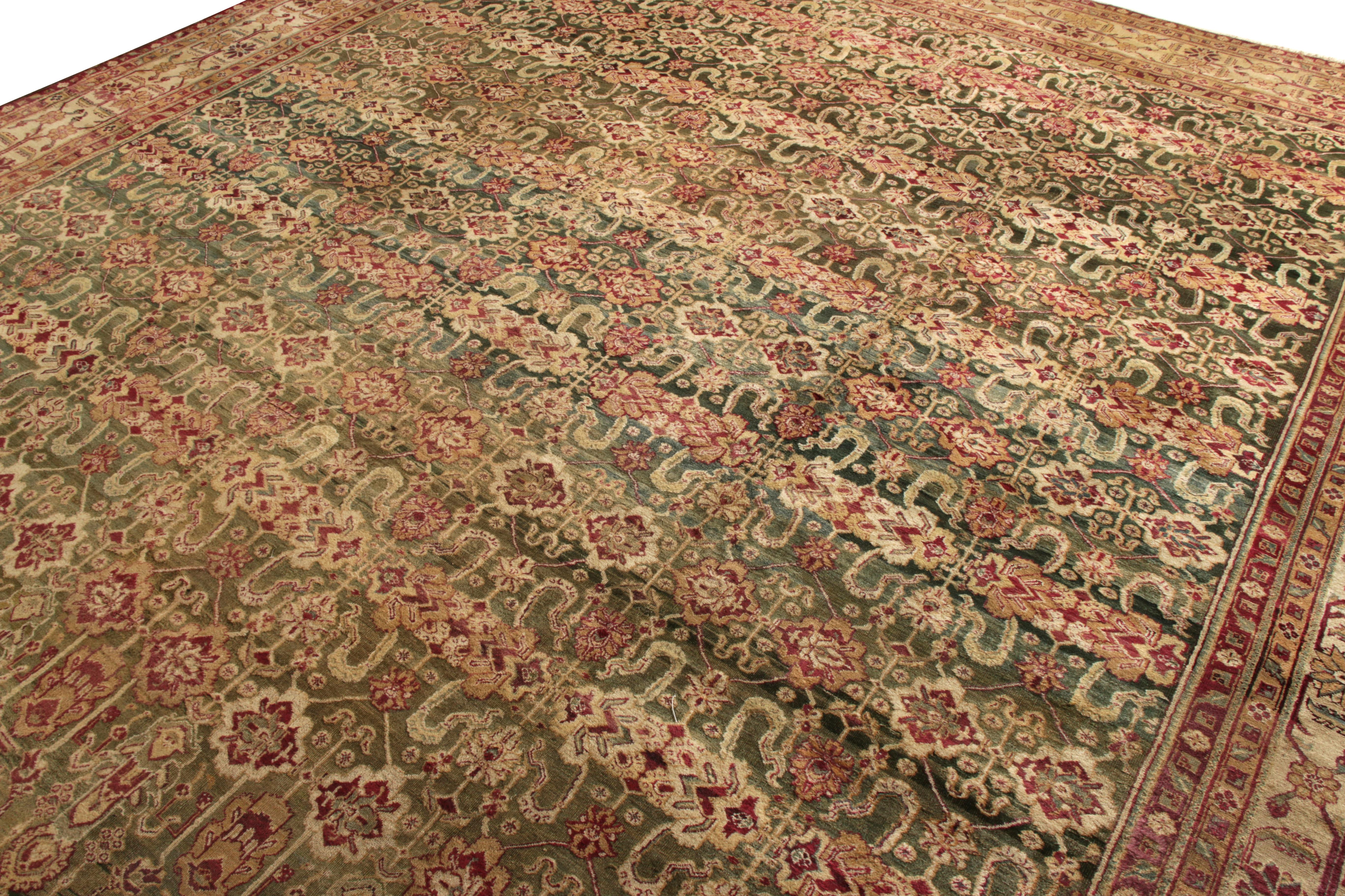 Hand-Knotted Hand Knotted Antique Agra Rug in Green and Beige with Red Floral Pattern For Sale