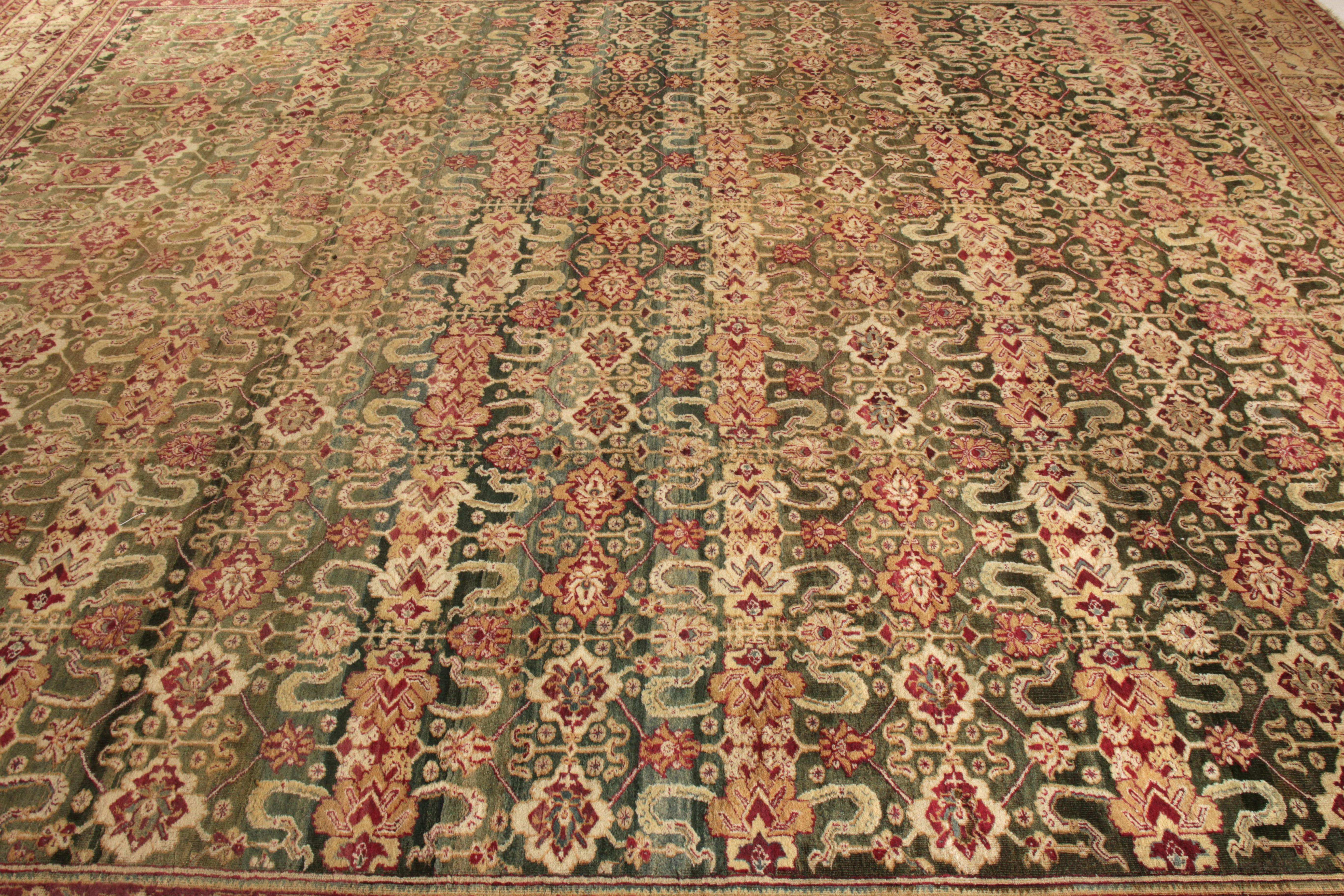 Hand Knotted Antique Agra Rug in Green and Beige with Red Floral Pattern In Good Condition For Sale In Long Island City, NY