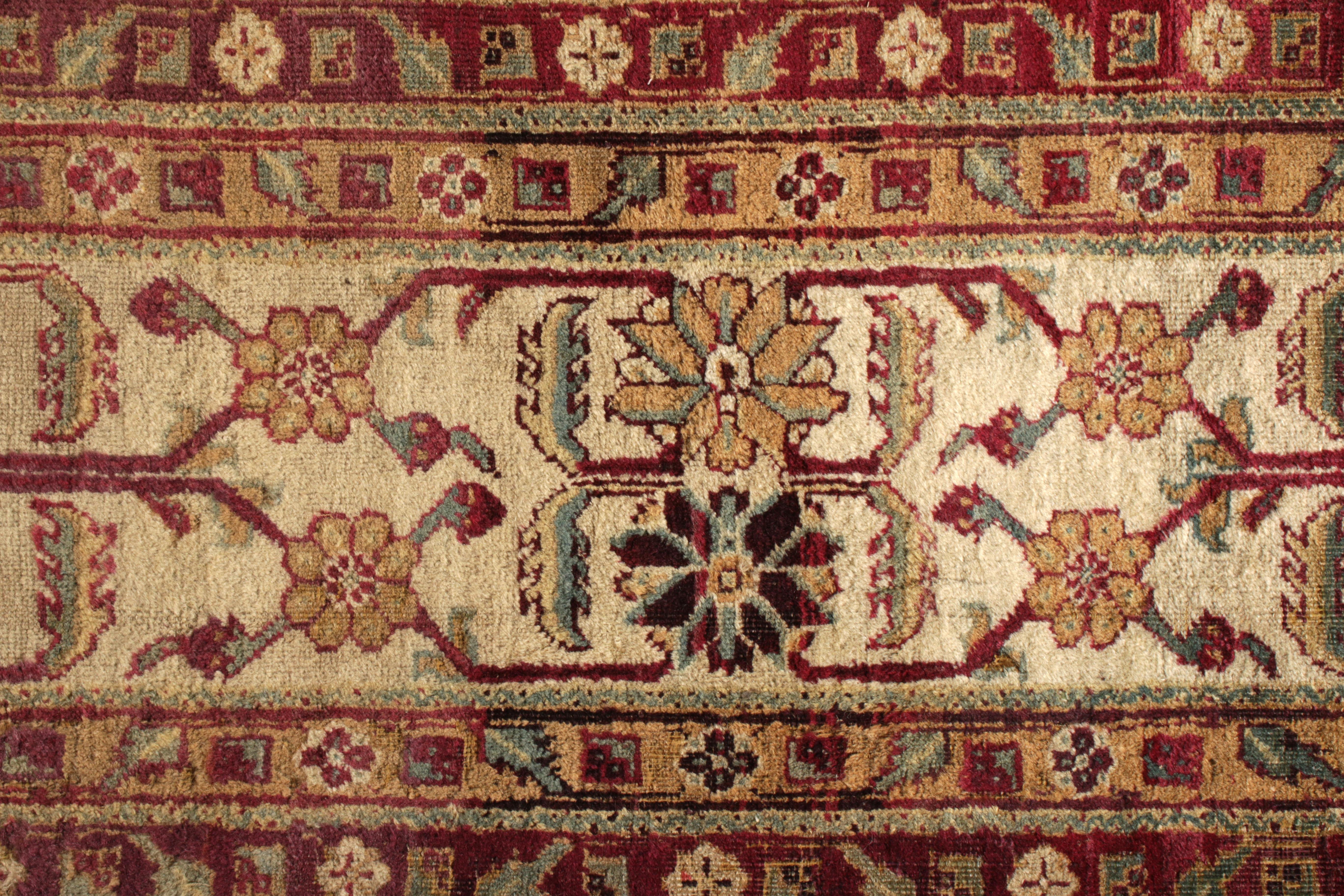Late 19th Century Hand Knotted Antique Agra Rug in Green and Beige with Red Floral Pattern For Sale