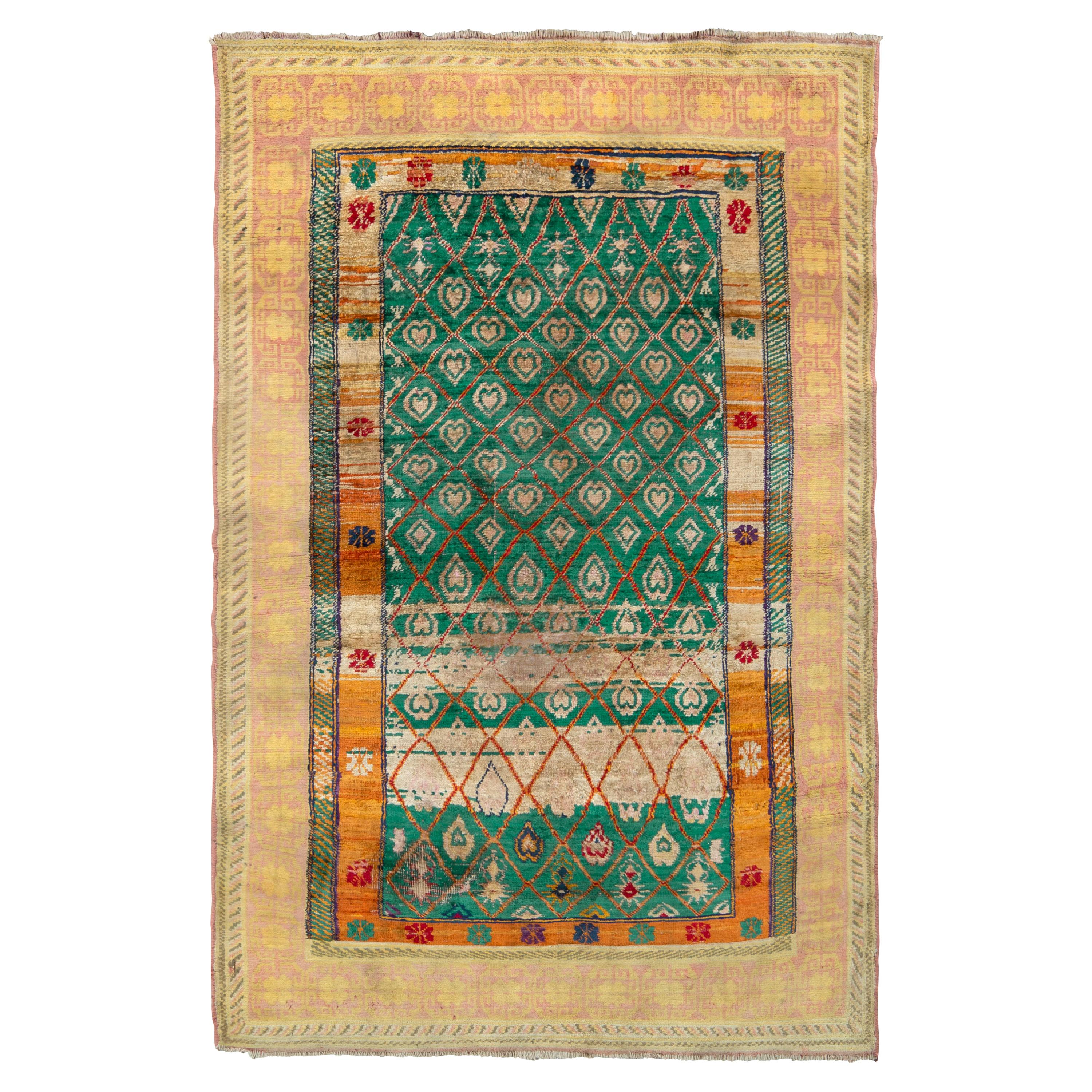 Hand Knotted Antique Agra rug in Green and Yellow Geometric Pattern