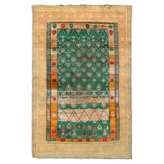 Hand Knotted Antique Agra rug in Green and Yellow Geometric Pattern