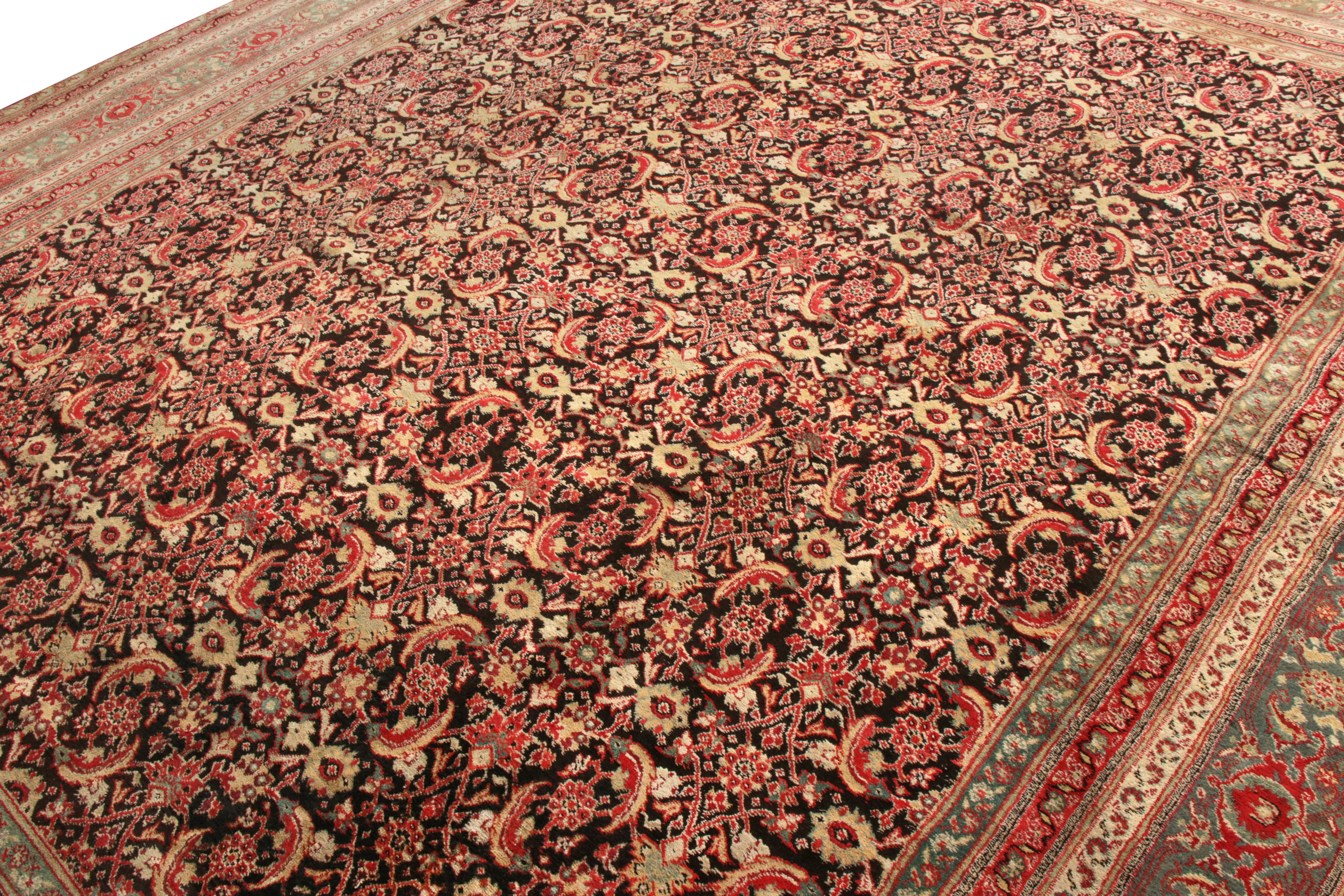 Indian Hand-Knotted Antique Agra Rug in Red and Black Floral Pattern For Sale