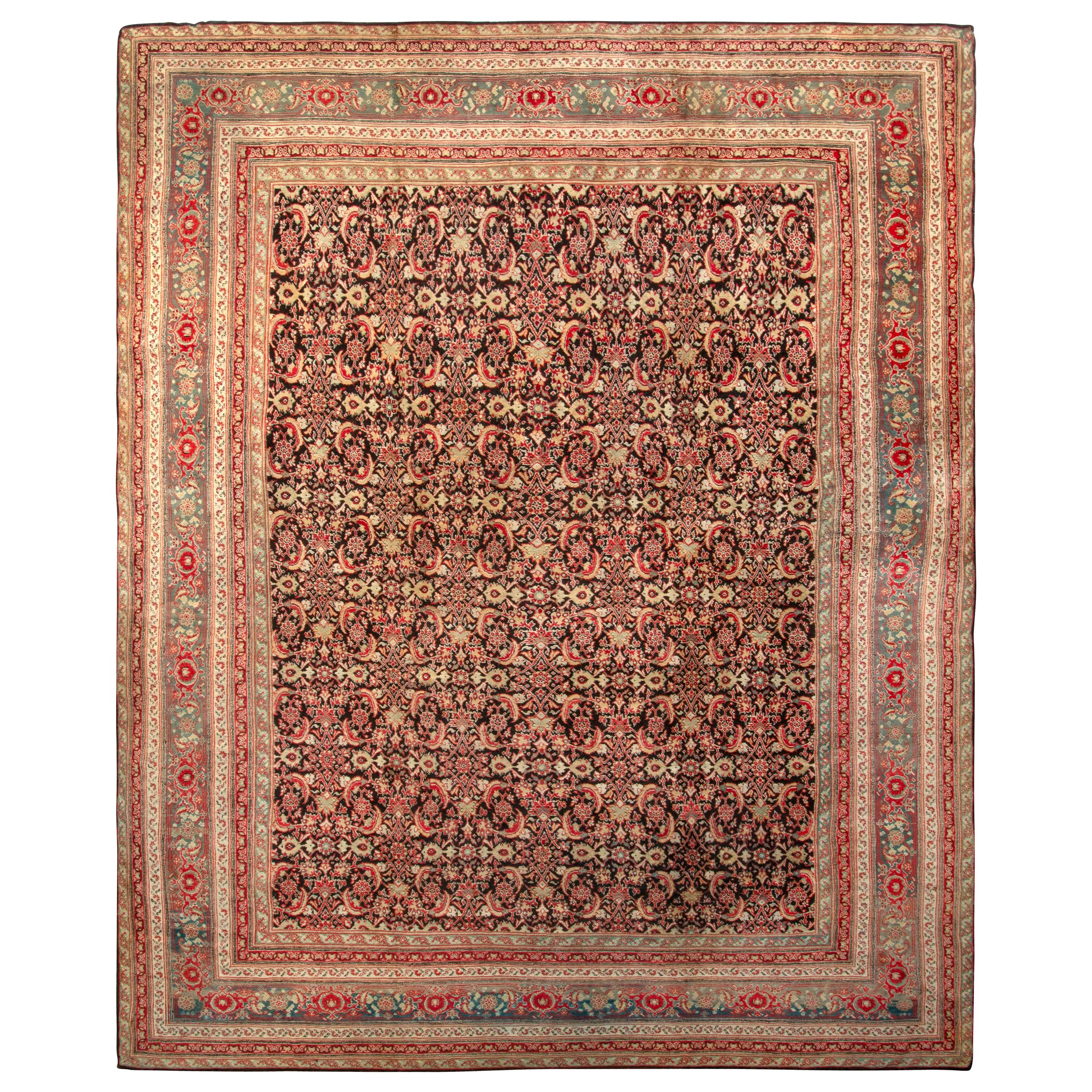 Hand-Knotted Antique Agra Rug in Red and Black Floral Pattern For Sale